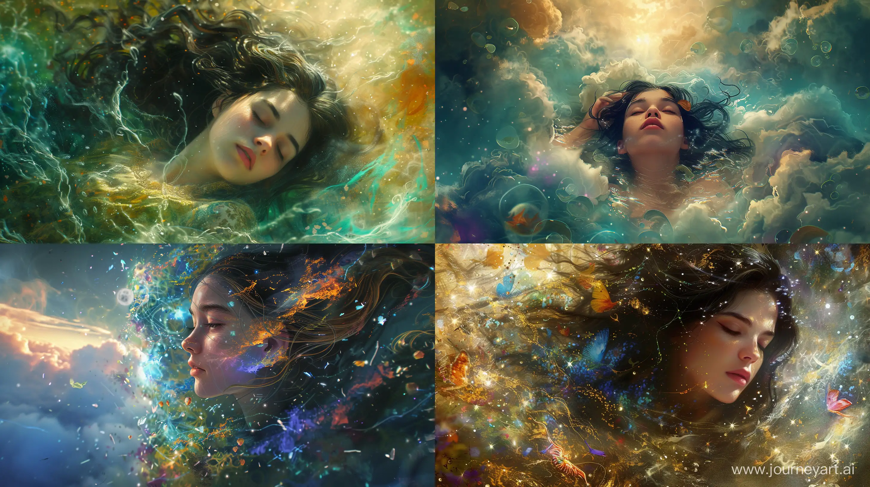 Dreamy Vision background a woman immersed in a dream, where reality blends with fantasy. A unique journey through the realm of dreams, where imagination flourishes, Masterpiece by Greg Rutkowski, trending on artstation --ar 16:9