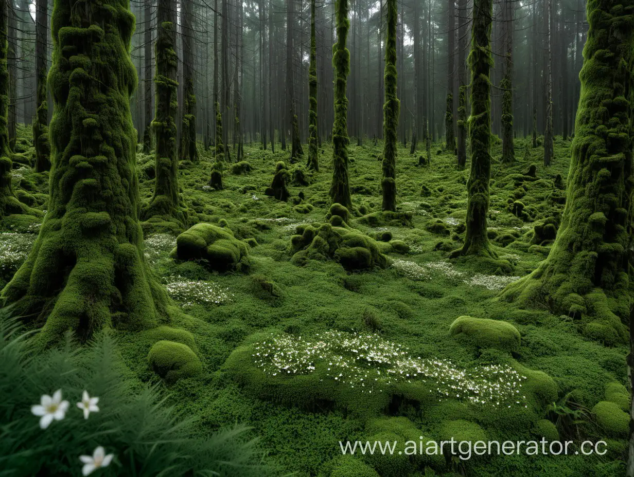 dense green forest, many trees, green pines, moss, flowers in front, no bright lights, no humans, no animals