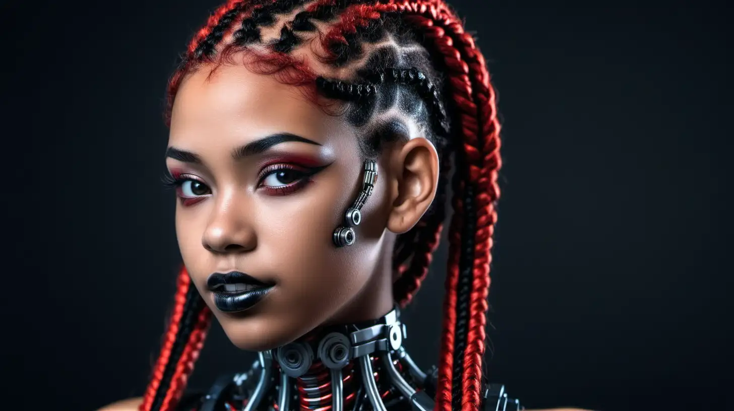 Gorgeous cyborg woman, 18 years old. She has a cyborg face, but she is extremely beautiful. Red and black braids.
