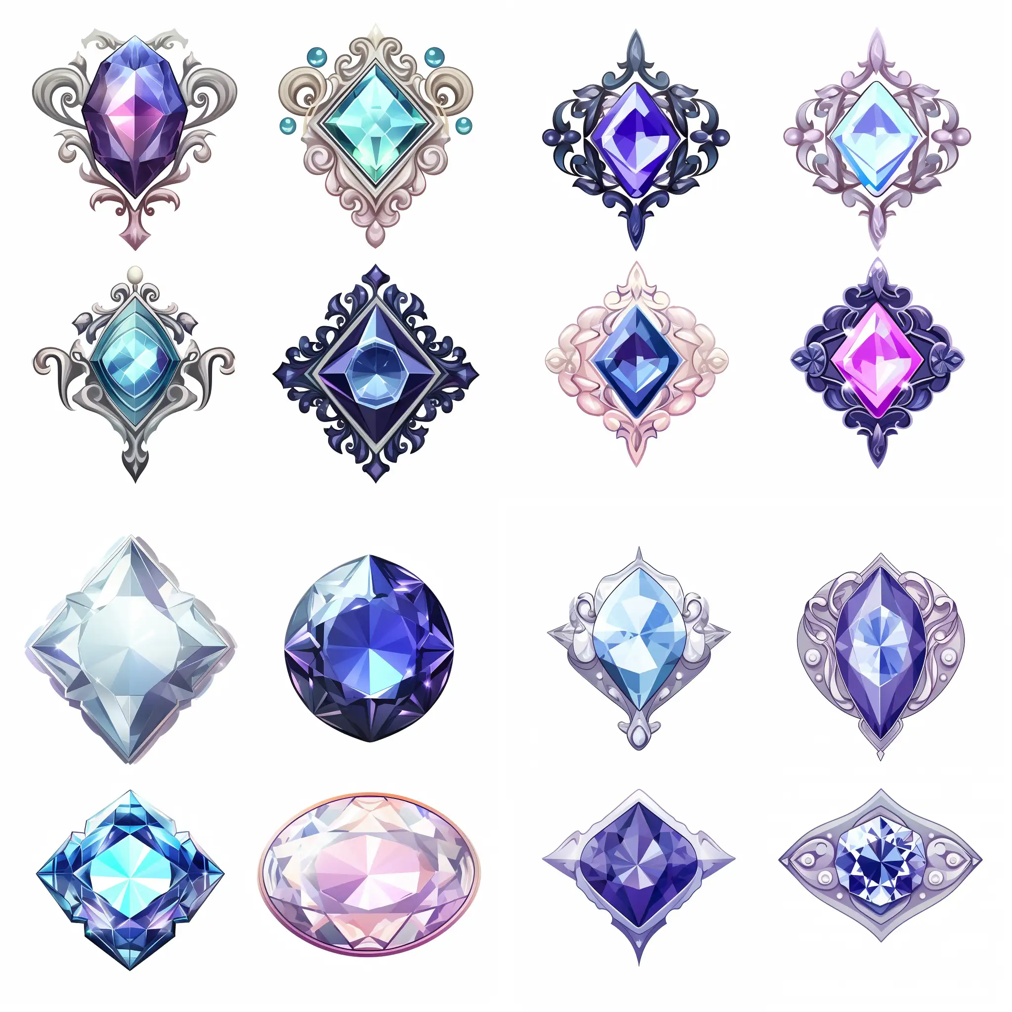 Four versions of the diamond, with a beautiful stylish ornament, cartoon style, Art Deco style, on a white background