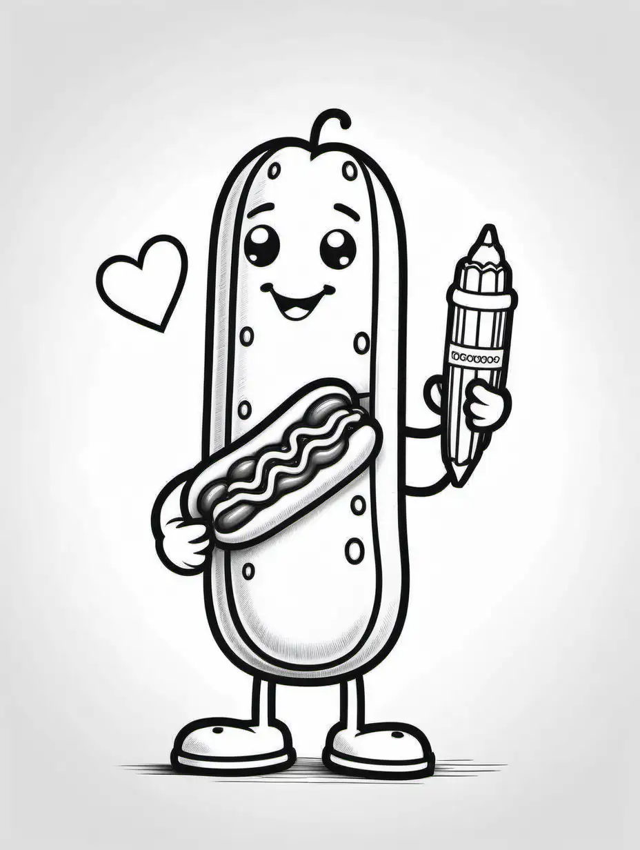 Adorable Hotdog Character Coloring Page with HeartShaped Crayons
