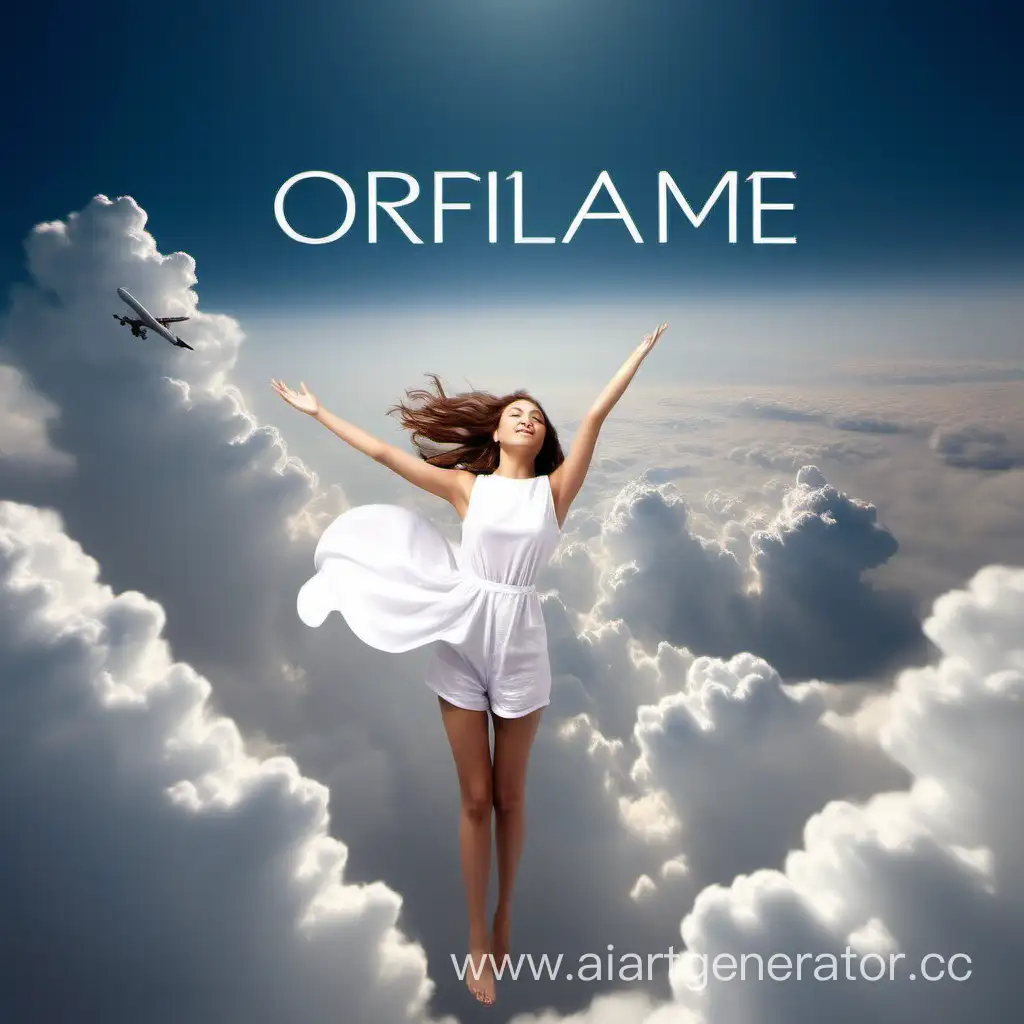 облака, девушка летит и хочет коснуться слова Oriflame
