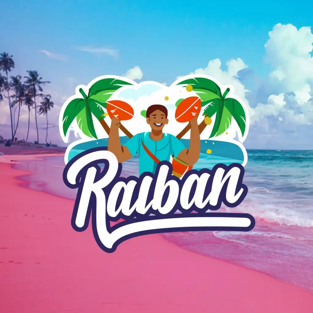 a logo design,with the text "RABAN", main symbol:Design a Sri Lankan Tourism Industrial mascot logo named "RABAN" featuring someone joyfully playing a tambourine, set against a backdrop of vibrant tropical scenery with palm trees swaying in the breeze, azure ocean waves crashing gently on sandy beaches, and colorful traditional buildings in the distance, conveying a sense of excitement and cultural richness, Illustration,Minimalistic,be used in Travel industry,clear background