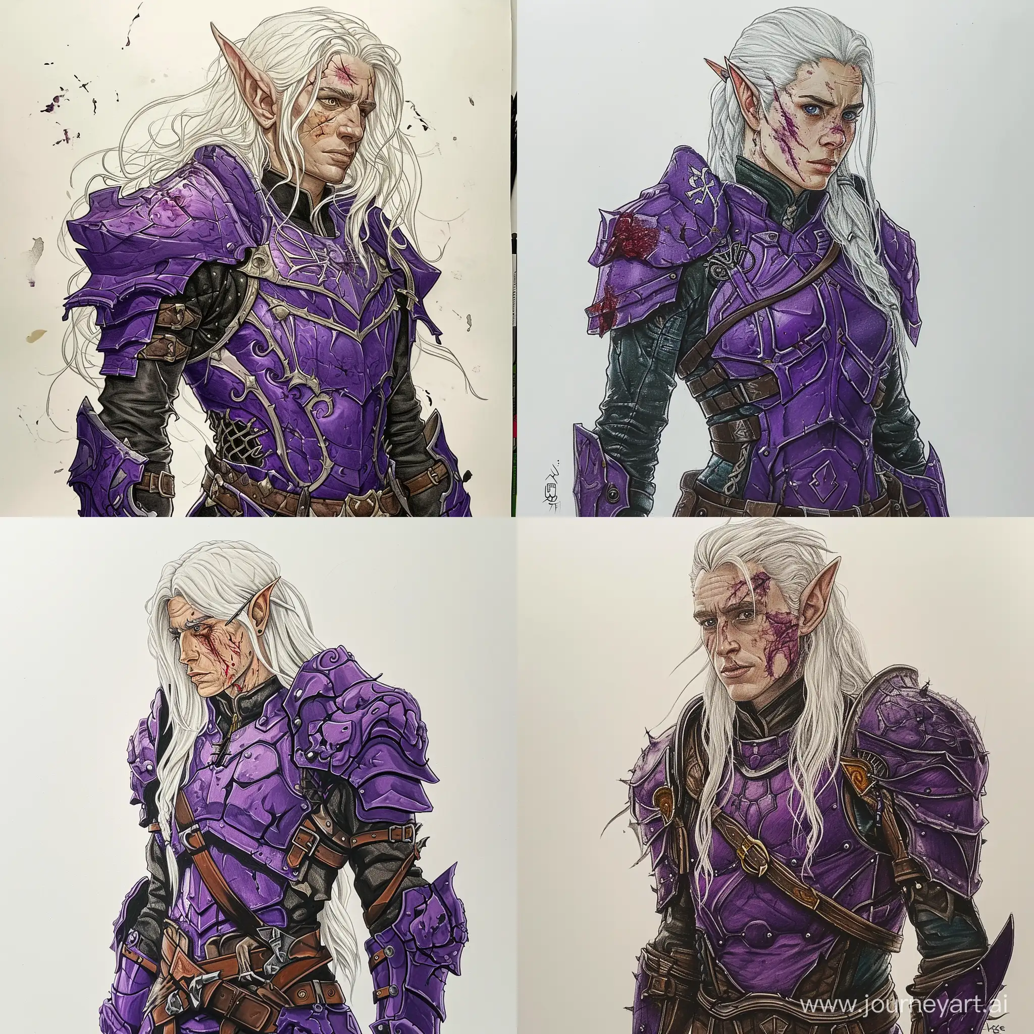 Elf-Warrior-in-Purple-Armor-with-Scars-Fantasy-Colored-Pencil-Art