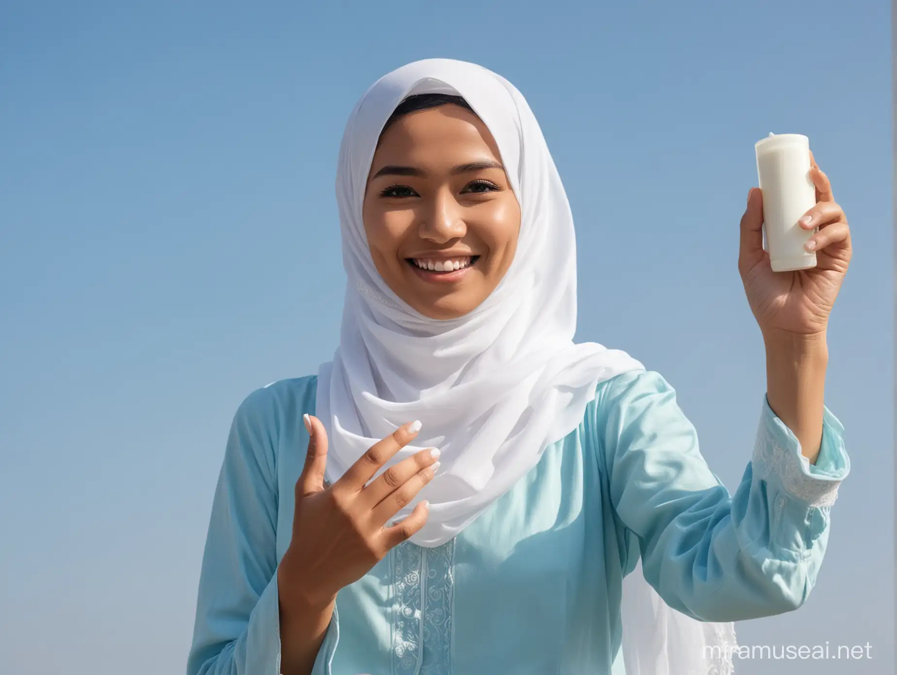 smiling indonesian muslim wearing white veil adn blue clothing, raising her hand and applying body lotion on her arm, with blue sky background