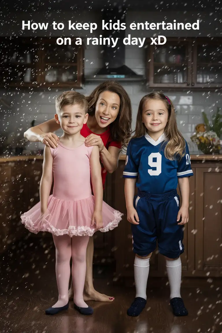 Gender role-reversal, Photograph of a mother dressing her young son, a boy age 8, up in a pink ballerina dress and tights, and she is dressing her young daughter, a girl age 9, up in a blue football uniform, in a kitchen for fun on a rainy day, adorable, perfect children faces, perfect faces, clear faces, perfect eyes, perfect noses, smooth skin, the photograph is captioned: “how to keep kids entertained on a rainy day XD”