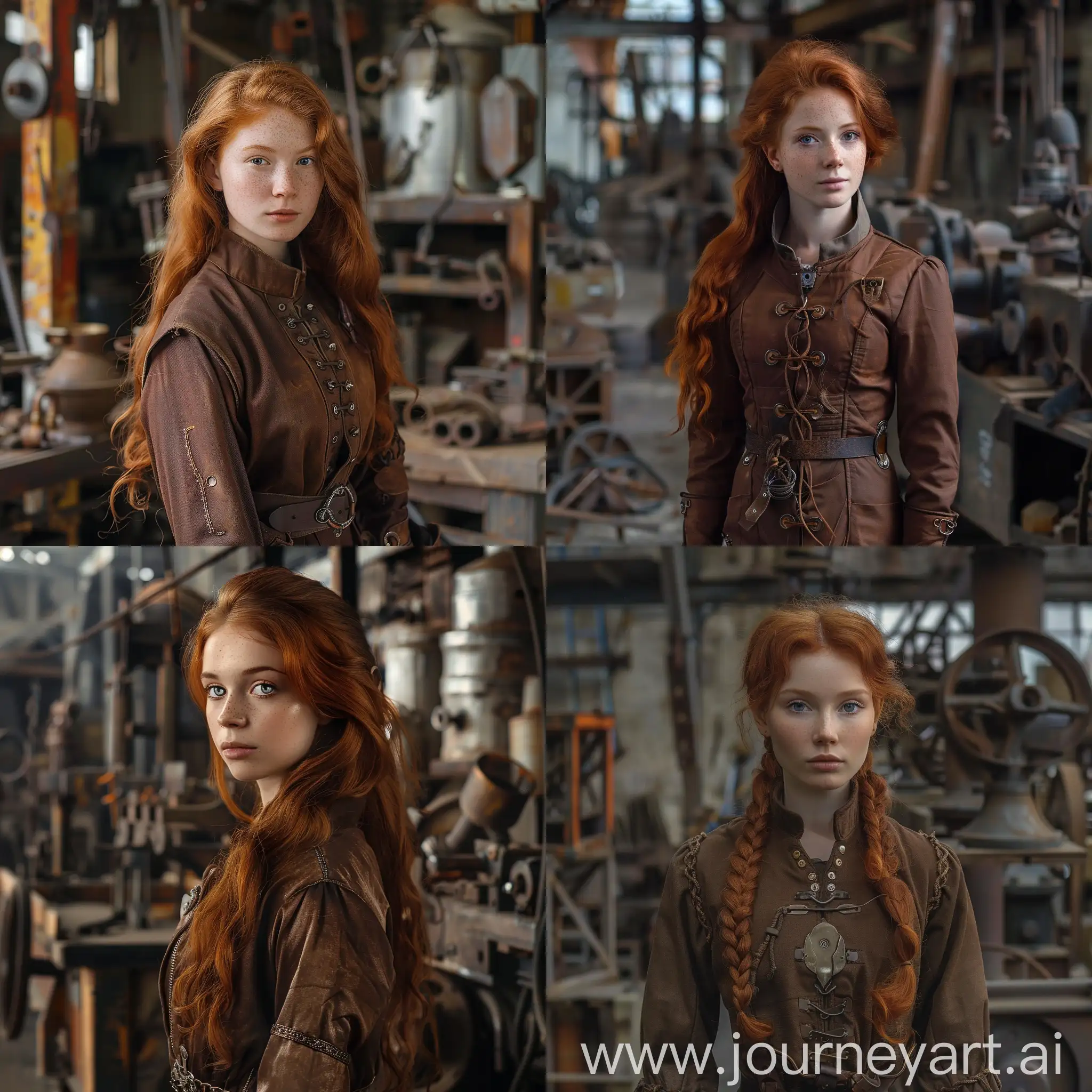 beautiful redhead girl, inventor, height 140 cm, brown medieval jacket, metallurgical workshop in the background, fantasy