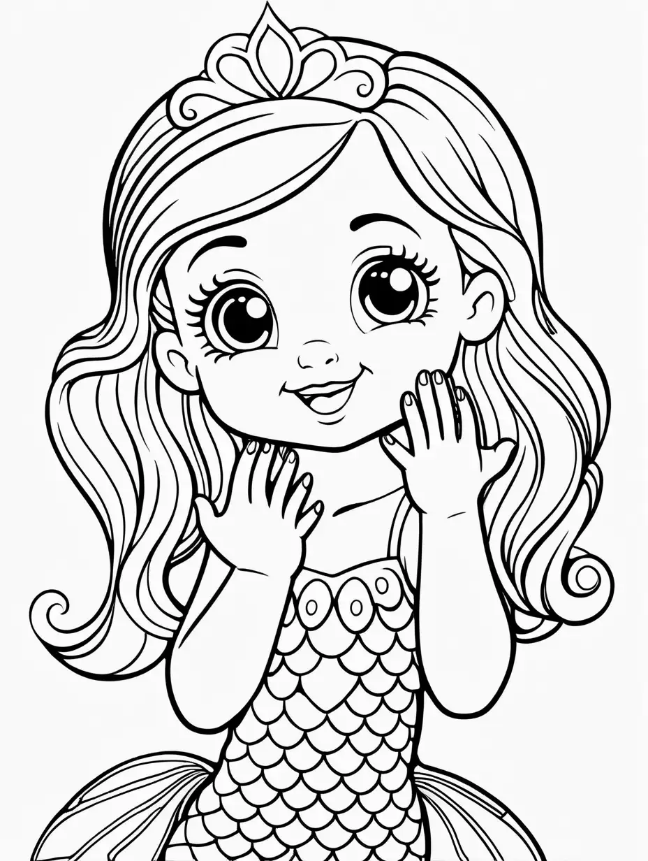 Very easy coloring page for 3 years old toddler. Cartoon happy mermaid put her hands on face. Without shadows. Thick black outline, without colors and big details. White background.