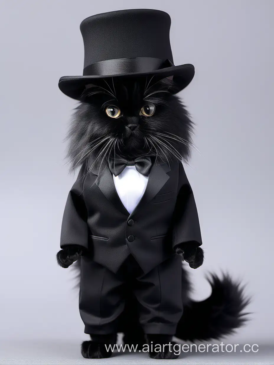 Alex furry cat black color long hair wears a black tuxedo and hat