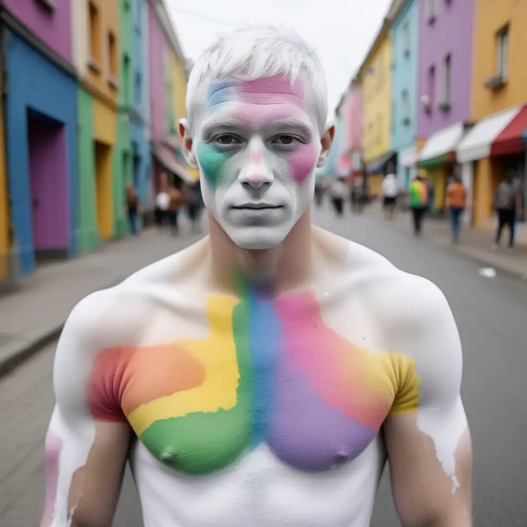 chalk white skin man, completely white, white blot, rainbow, street, day