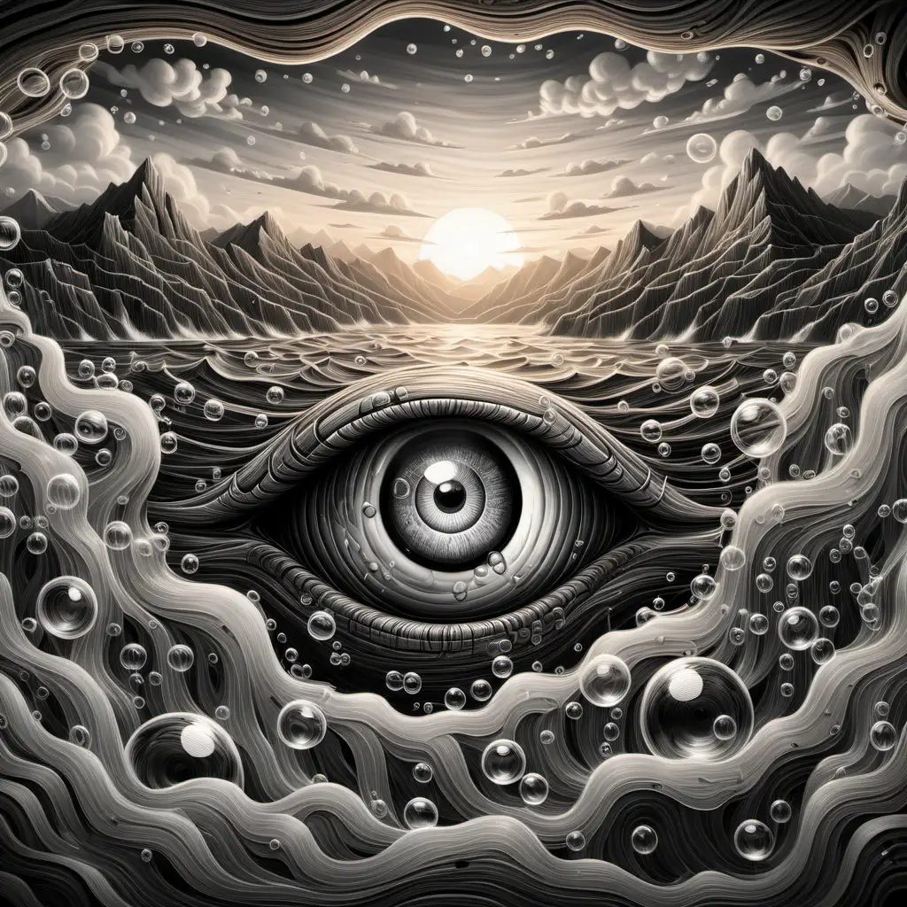 Multilayered detailed woodgrain, black and white, two eyes peeking through bubbles in the middle of the sea with mountains ans sunset in the background
