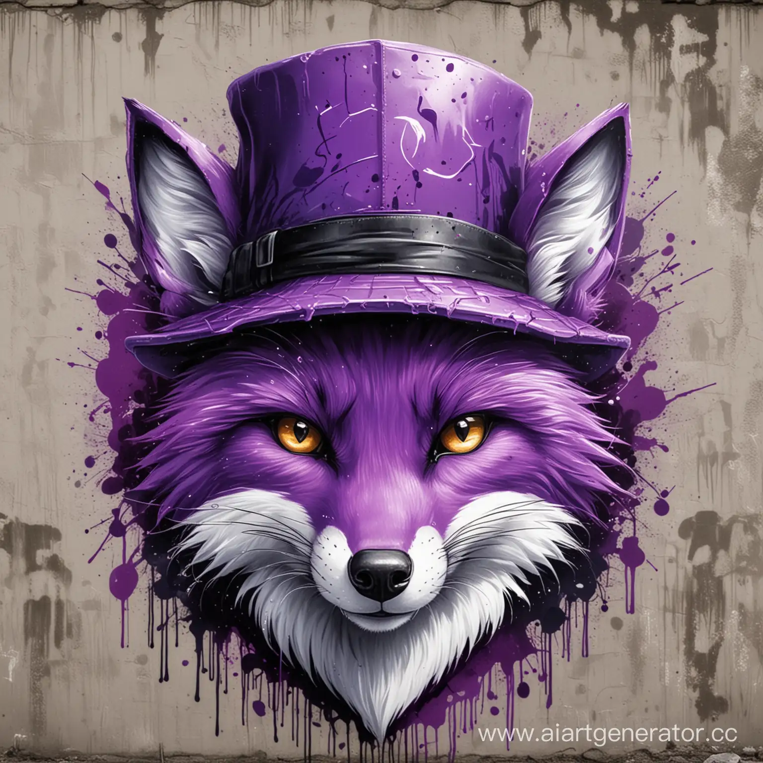 лиса фиолетовая в шляпе в стиле граффити