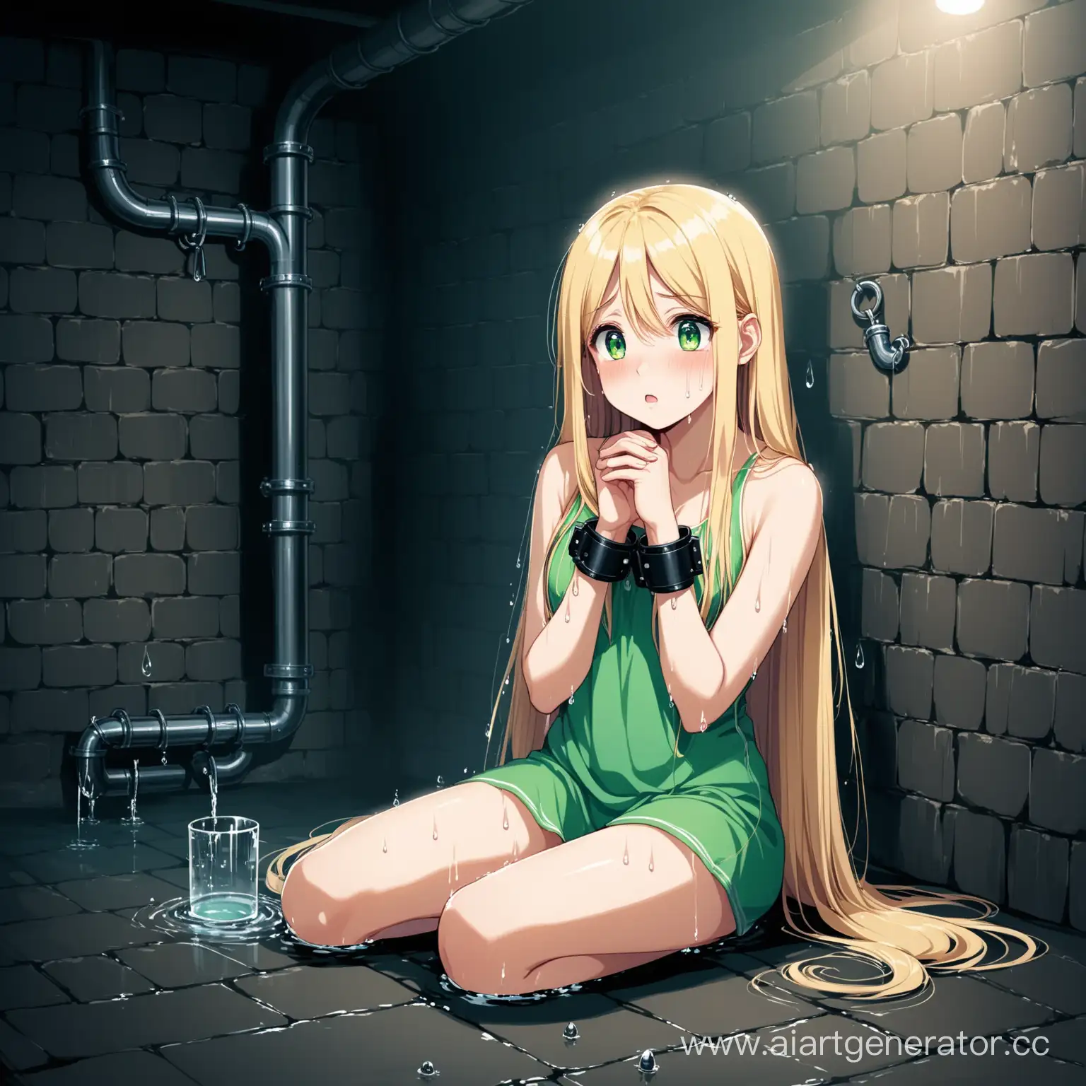 a beautiful girl, long blonde straight hair, green eyes, she is sitting on the floor, near the pipe, her hands are handcuffed to the pipe behind her, there are drops of water on it, against the background of the basement, She looks scared.