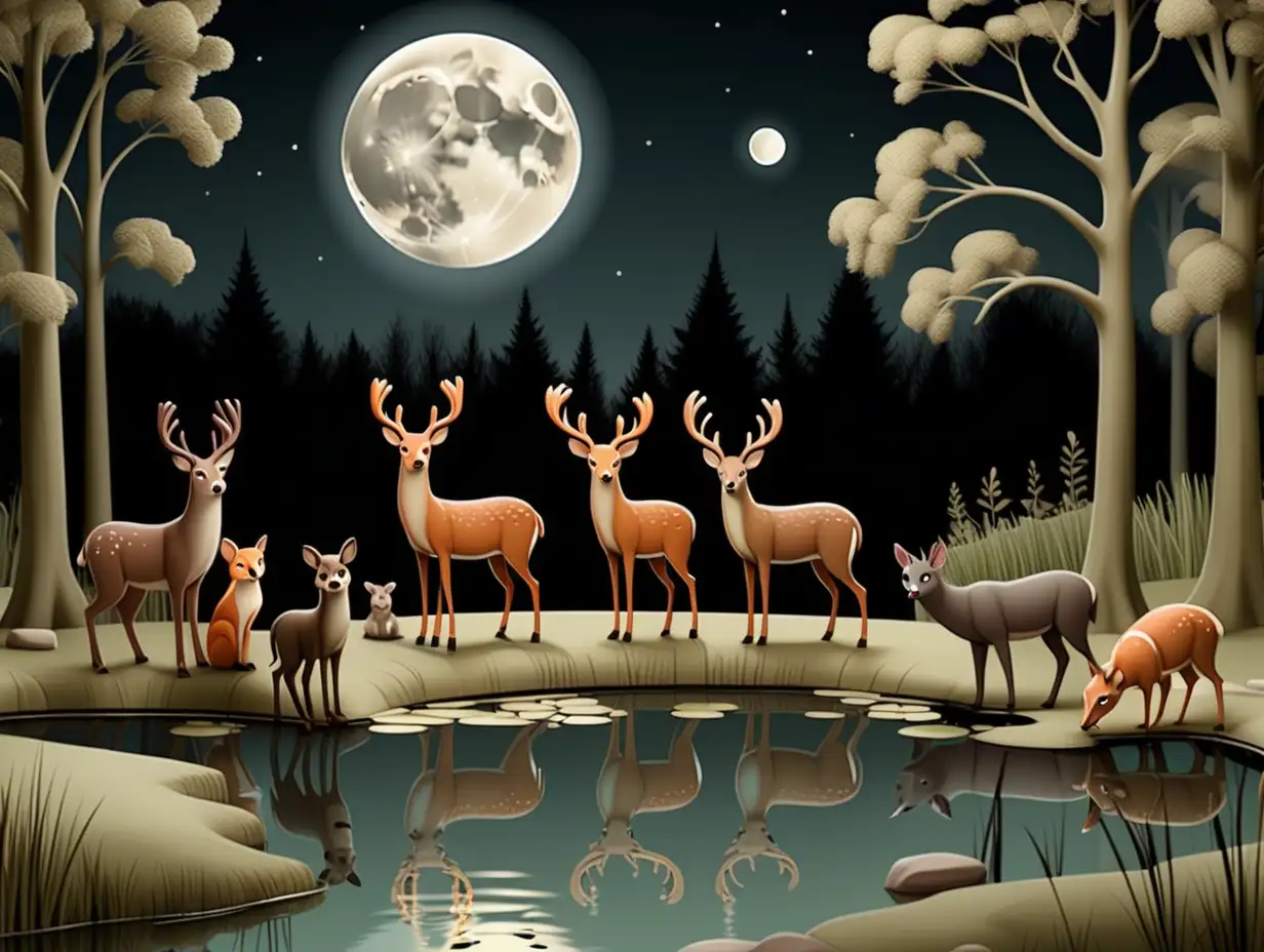 Illustration of woodland animals standing around a large pond at night looking up at the moon.  Pond is behind the animals with lots of  trees in the background. Add deer layng down


