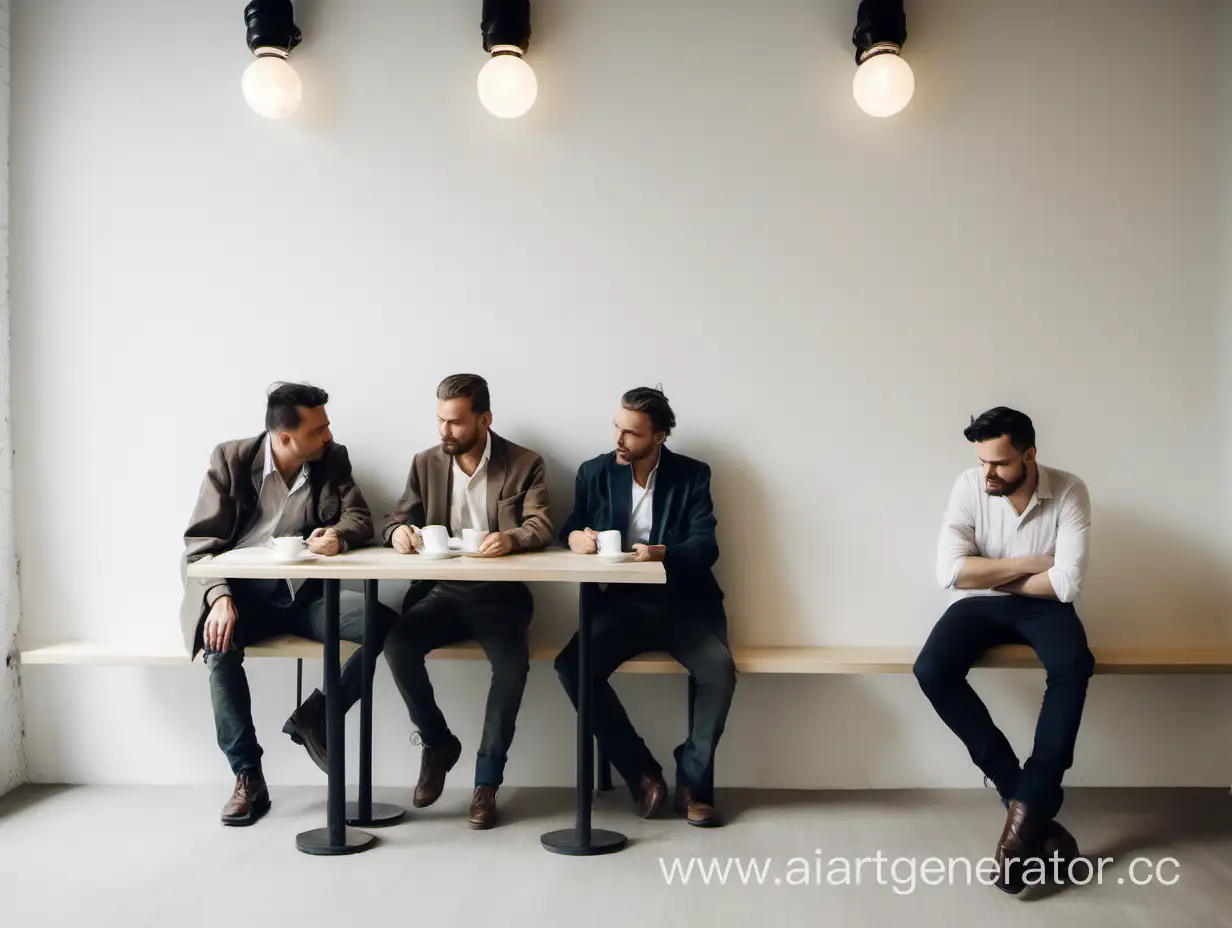 three men sitting by the different small tables in cafe, white wall behind them