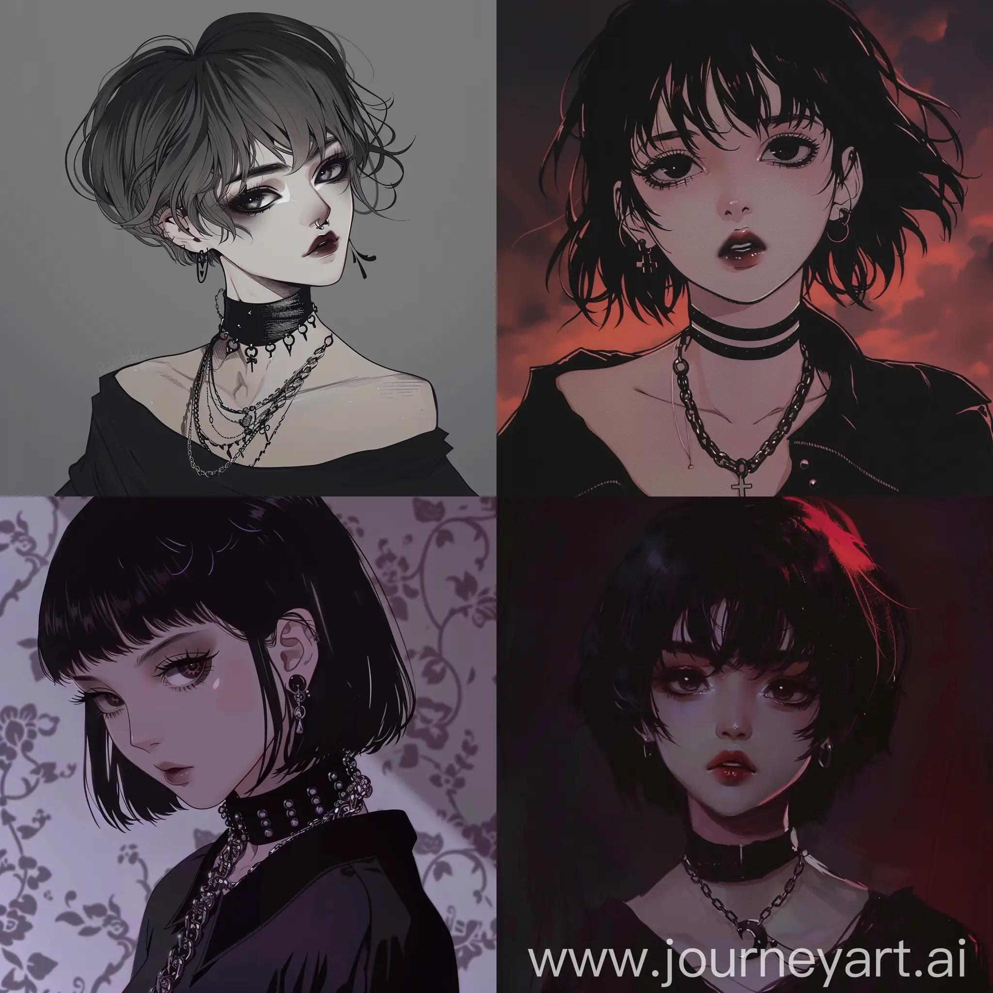 anime 80s girl with pixie hair, goth, dark, romantic