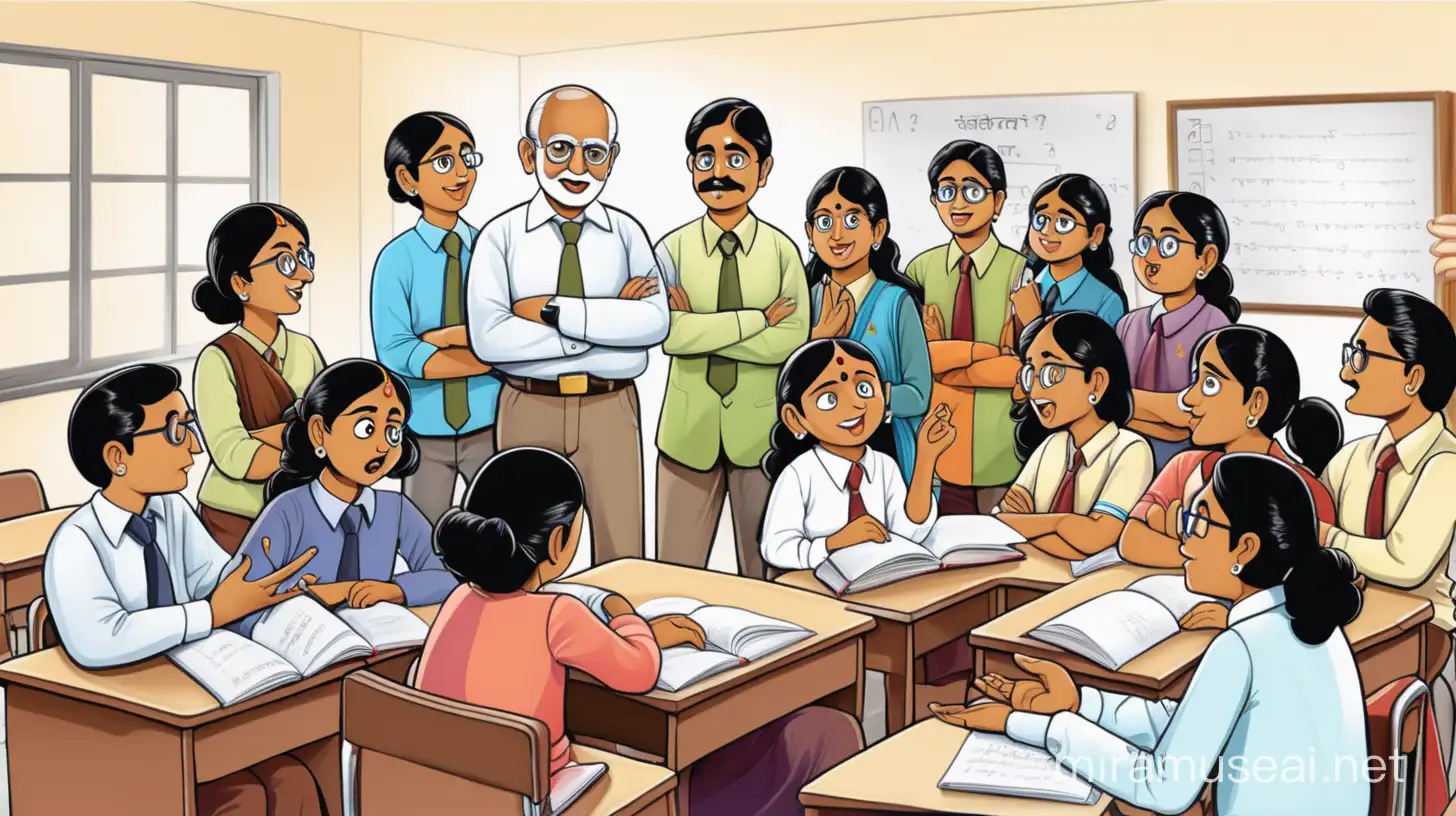 many Indian teachers are talking to each other in a teacher's room. Please make the image cartoon type.