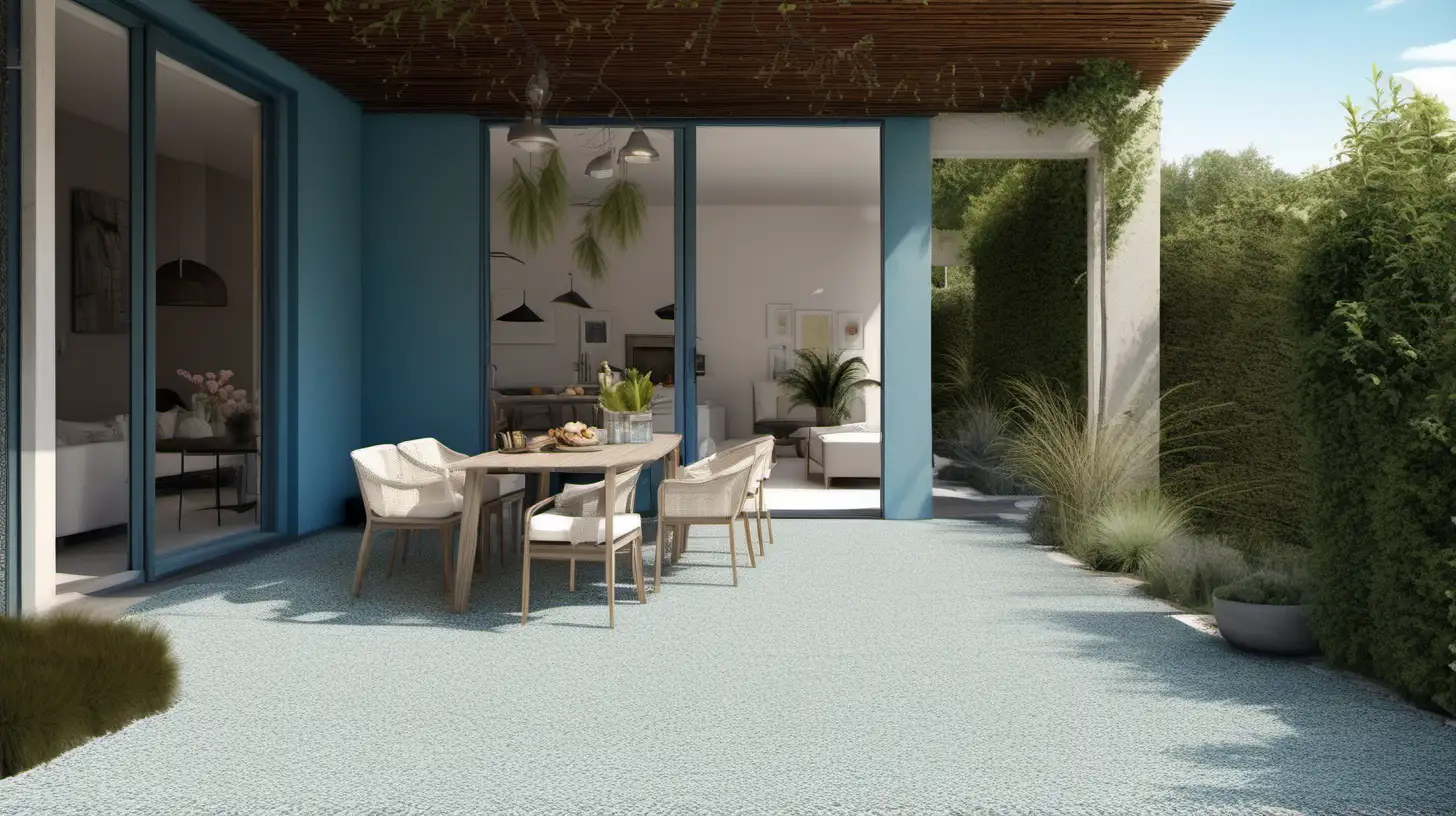 terrasse et une piscine maison été nature végétaux ciel bleu avec revêtement de sols granulats trés fins sans joint gris sable moquette de pierre et meubles de jardin