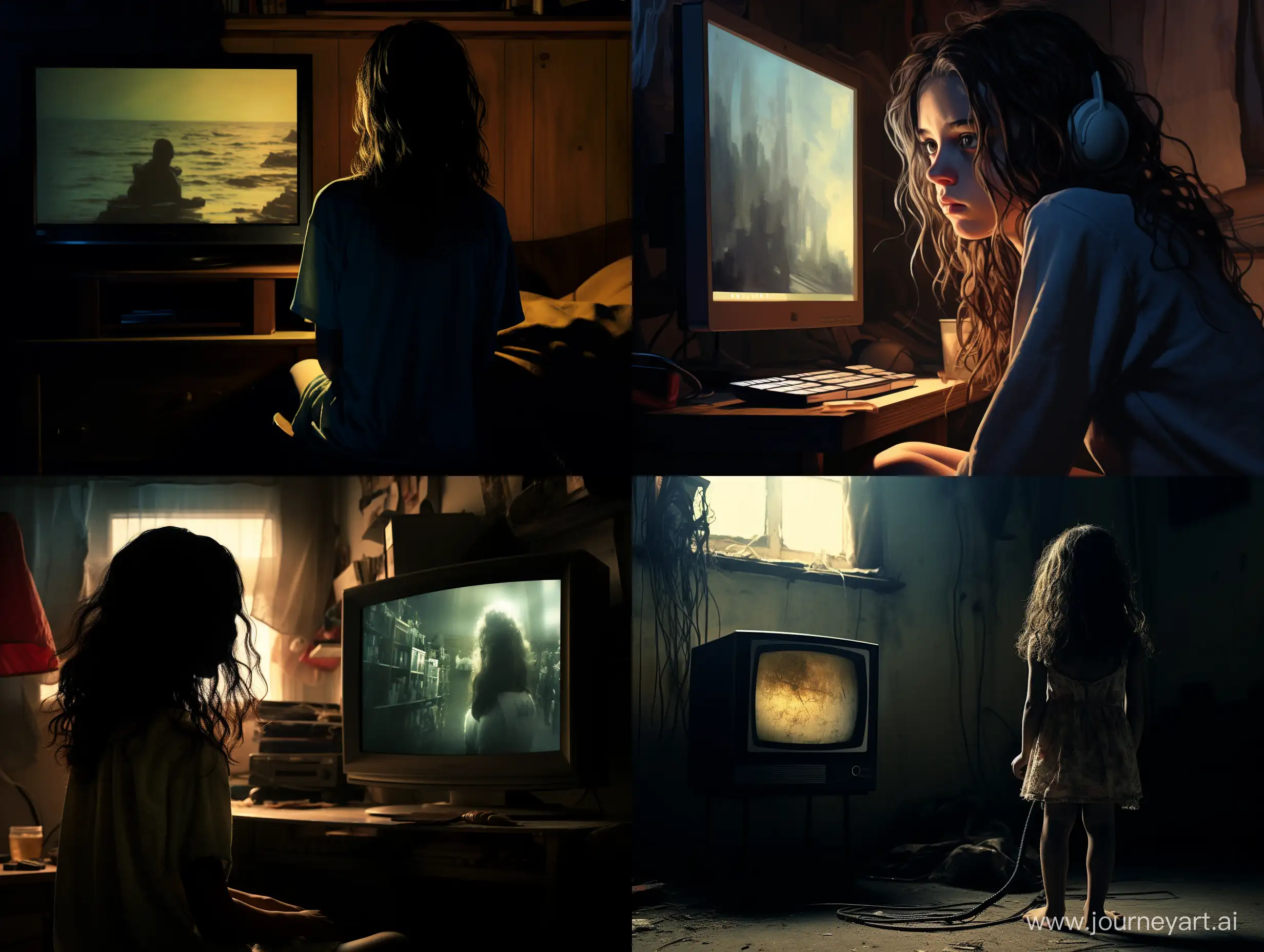 Silhouetted-Girl-Against-Monitor-in-Contrasting-Light