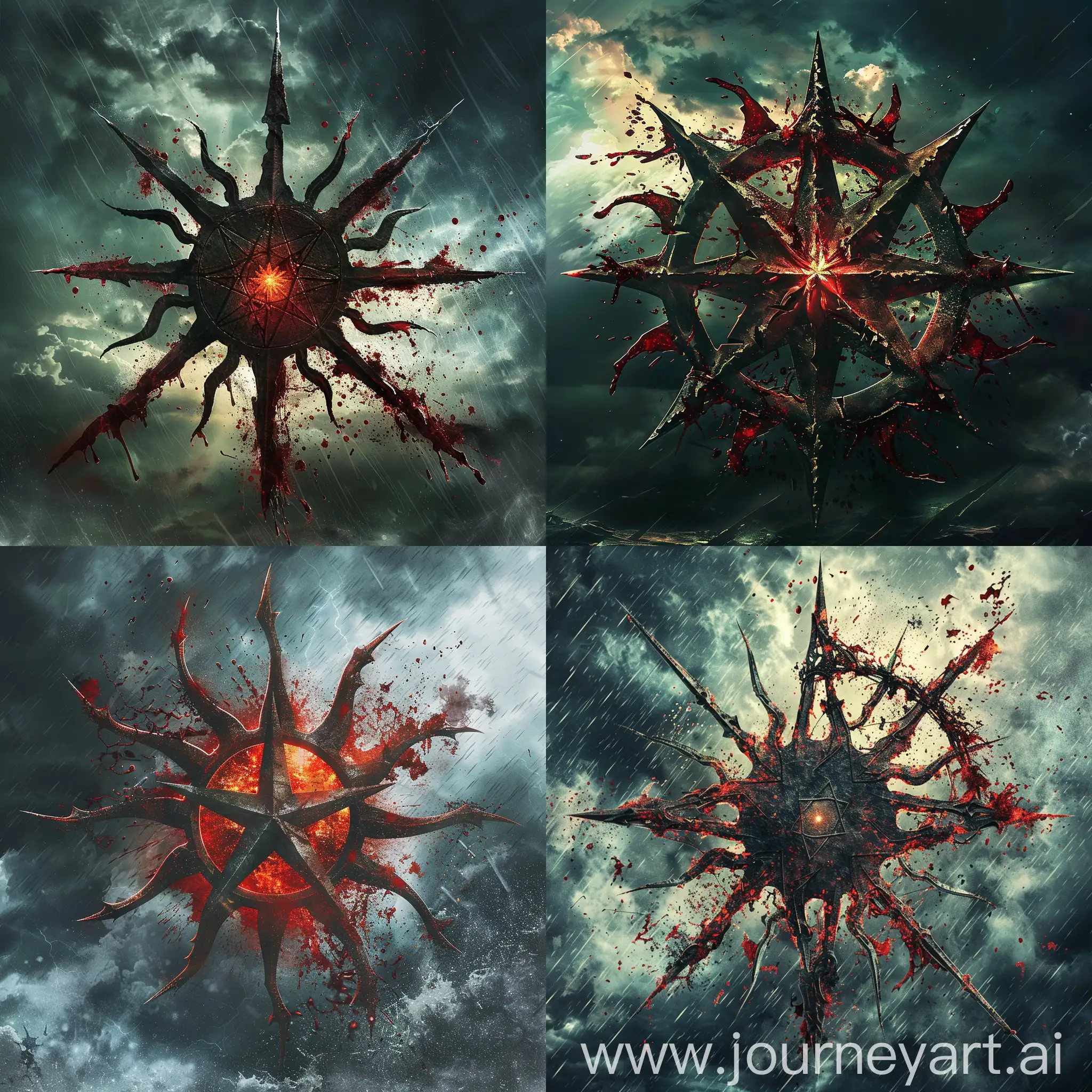 /imagine prompt: A logo design, featuring a sun morphed into a pentagram, with each point ending in a sharp, blood-stained tip. The backdrop is a stormy sky, symbolizing chaos and darkness. Created Using: dark fantasy art style, detailed pentagram design, stormy and chaotic background, blood effects, sharp and pointed imagery, satanic symbols, hd quality, natural look --ar 1:1 --v 6.0

