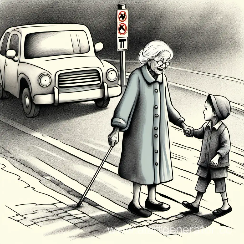 Детский рисунок дети помогают старушке перейти дорогу