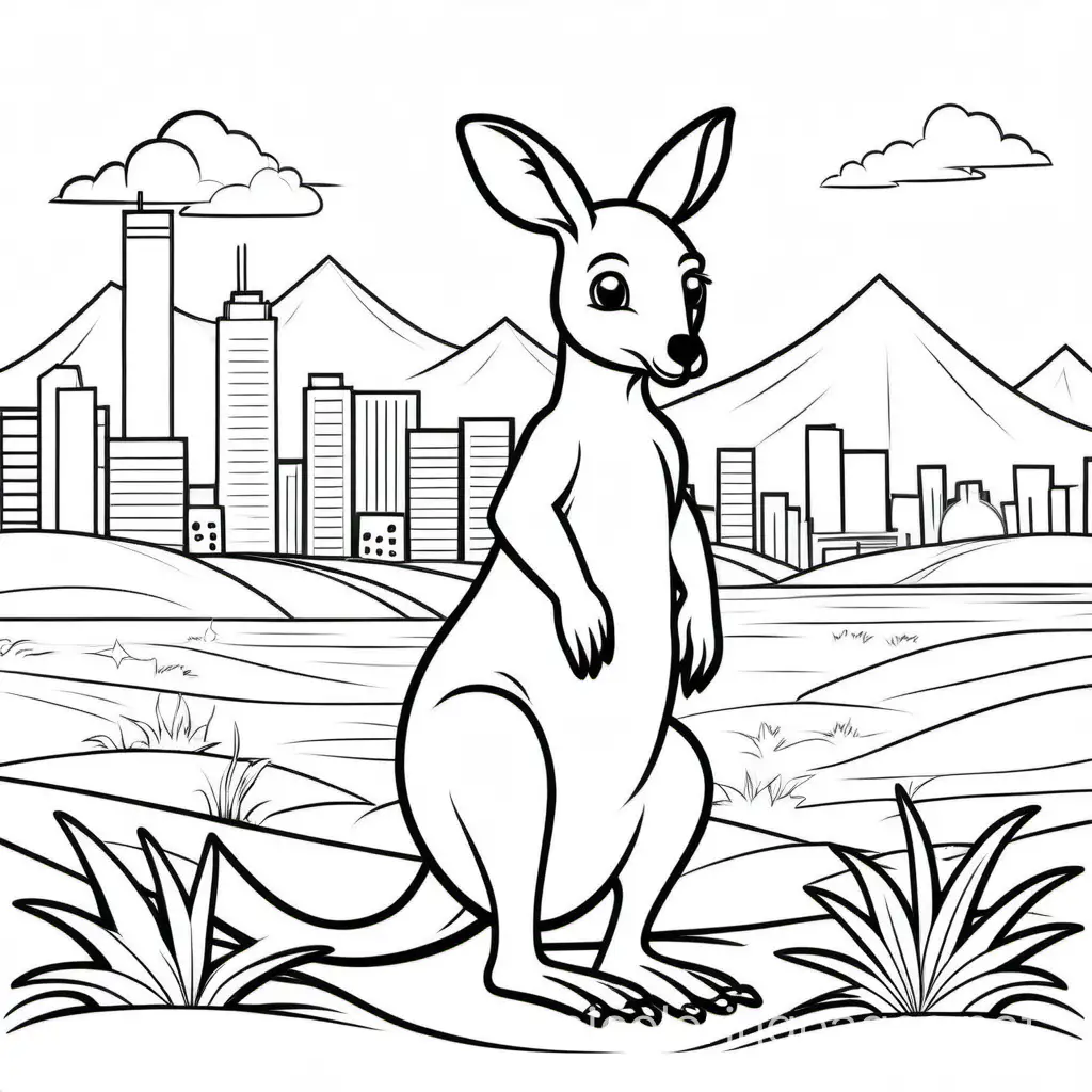 cute kangaroo playing with his 1 baby, for kids, new zealand skyline, Coloring Page, black and white, line art, white background, Simplicity, Ample White Space. The background of the coloring page is plain white to make it easy for young children to color within the lines. The outlines of all the subjects are easy to distinguish, making it simple for kids to color without too much difficulty, Coloring Page, black and white, line art, white background, Simplicity, Ample White Space. The background of the coloring page is plain white to make it easy for young children to color within the lines. The outlines of all the subjects are easy to distinguish, making it simple for kids to color without too much difficulty