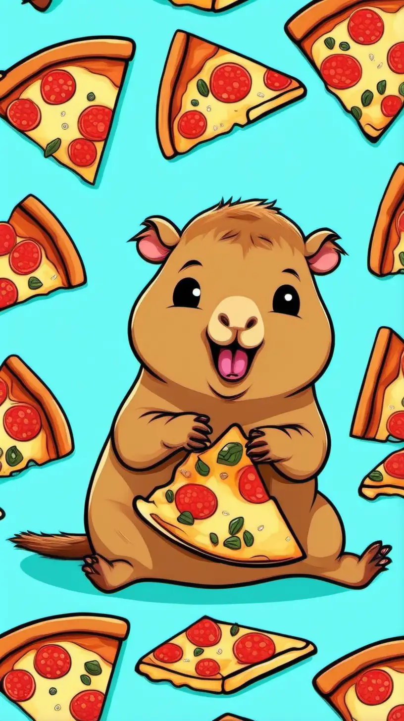 create an image of a cute baby cartoon capybara eating pizza with a light blue background