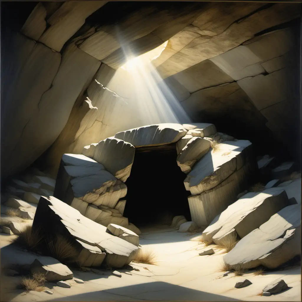 andrew wyeth style painting of an empty cave tomb in the desert, holy light shines in.  