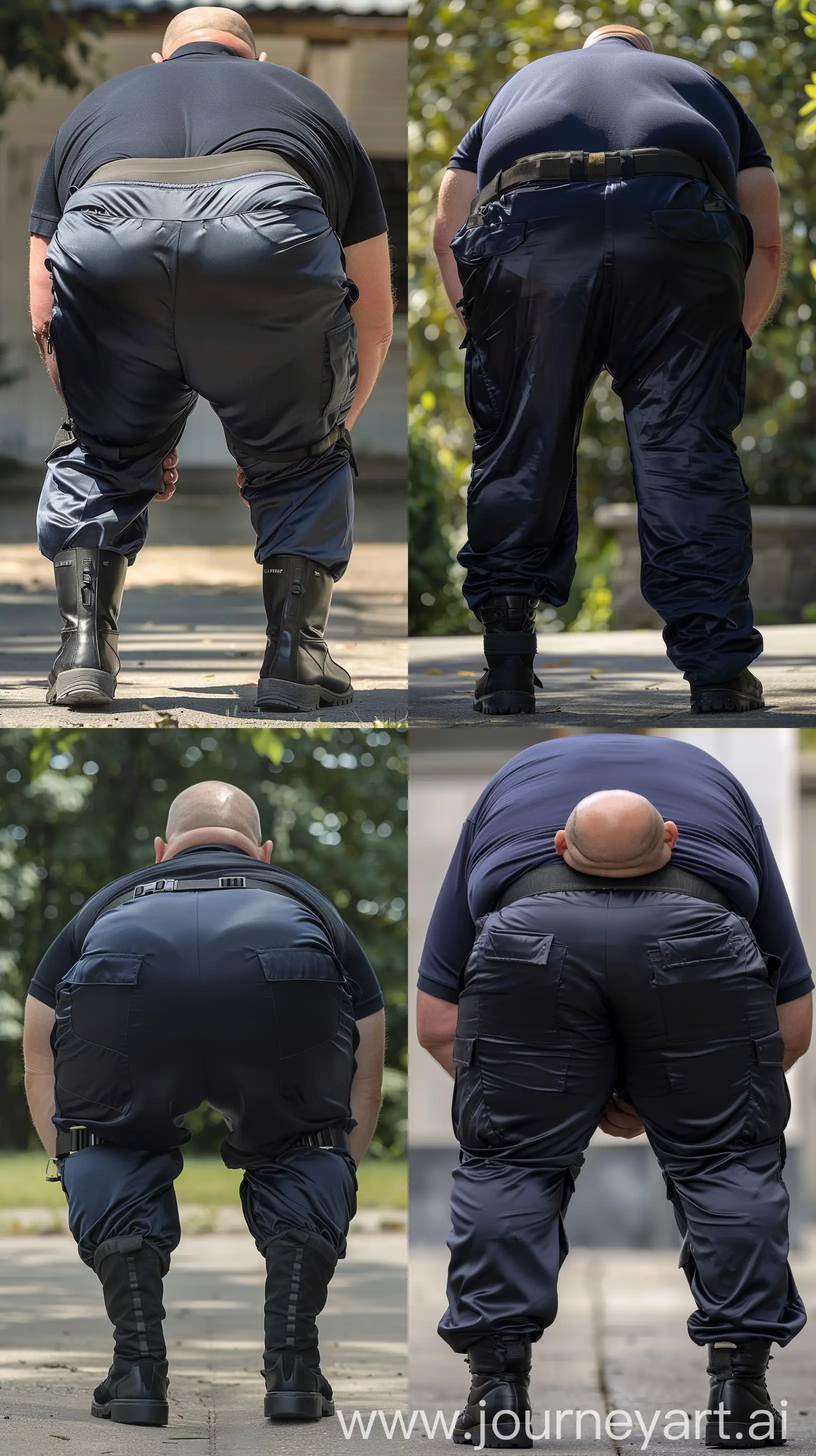 Close-up full body back view photo of a very fat man aged 60. The man is wearing tight silk navy battle pants tucked in black tactical boots, he has a tucked in silk navy sport polo shirt and a black tactical belt. Bowing to the ground. Outside. Bald. Clean Shaven. Natural light. --ar 9:16
