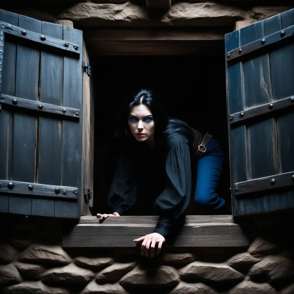 Fearless Woman Climbing Through Medieval Wooden Chamber Window at Night