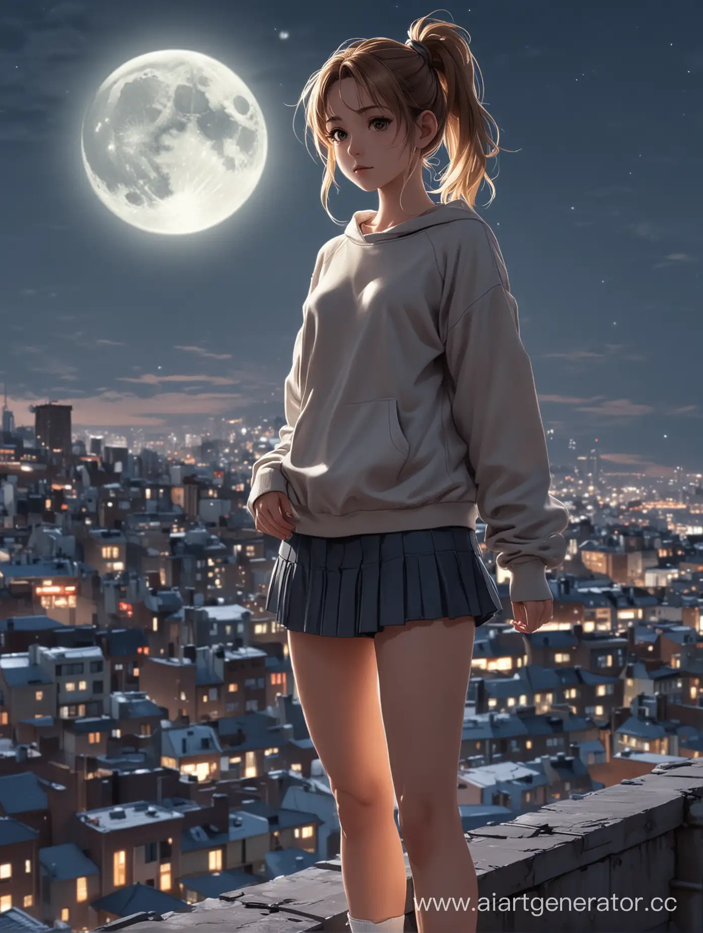 anime girl :: hands in pockets :: standing on the roof of a building :: night :: full moon :: city :: ponytail :: short skirt :: sulfur sweatshirt :: sneakers :: poster :: cinematic :: anime style :: detailed eyes :: realistic drawing :: highly detailed : : ultra high quality model :: hyperdetailed :: correct hand anatomy :: beautiful hands :: whole fingers