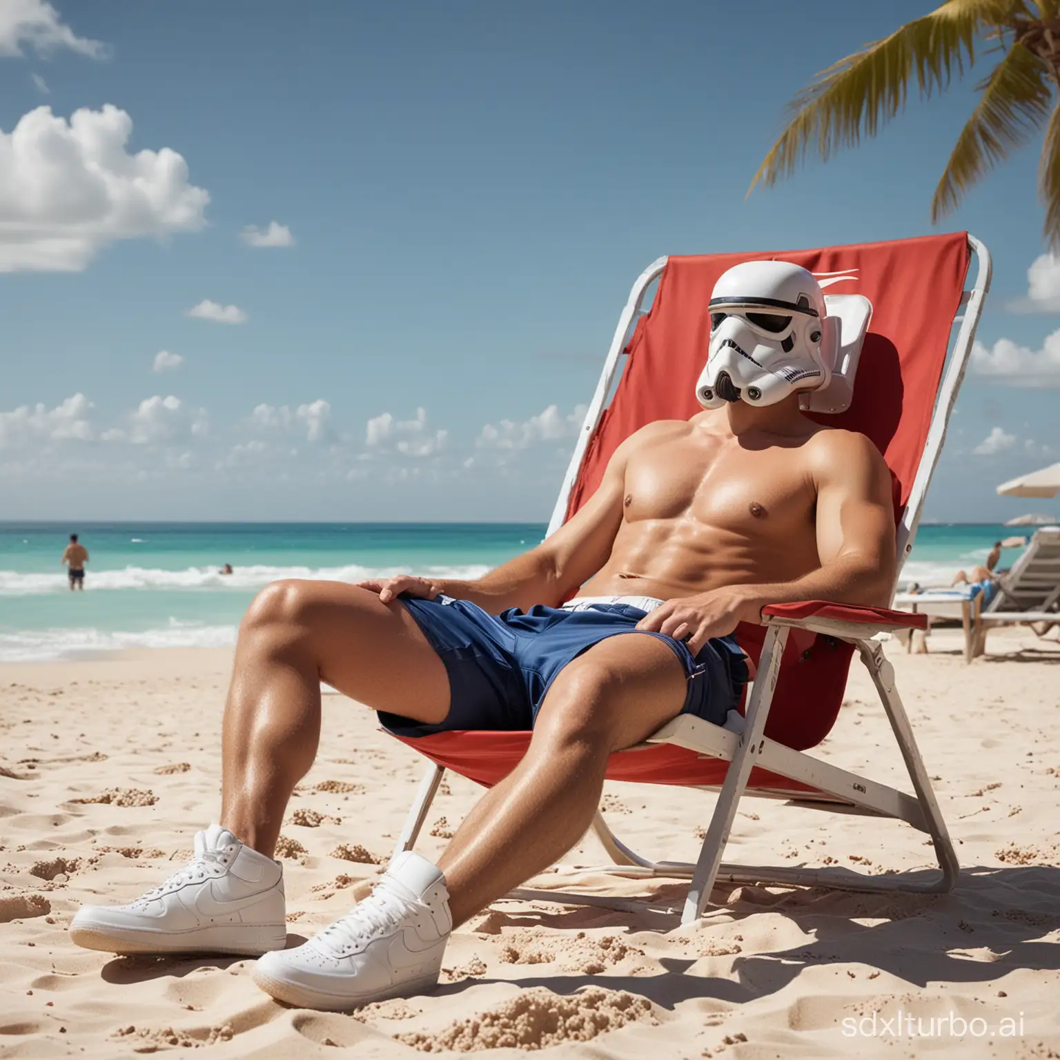 A man with a Stormtrooper helmet, swimming shorts, no shirt, with Nike Air Force 1 sneakers, on the beach in Cancun sunbathing on a red lounge chair. Photography, realistic photo with great detail in textures and brightness. Realism, science fiction. by Jacques-Louis David. Detail of skin texture, bokeh, contrasting and intense colors, white, blue, yellow, red. Natural light. Open shot, wide angle lens. Hyper realistic, sci fi.
