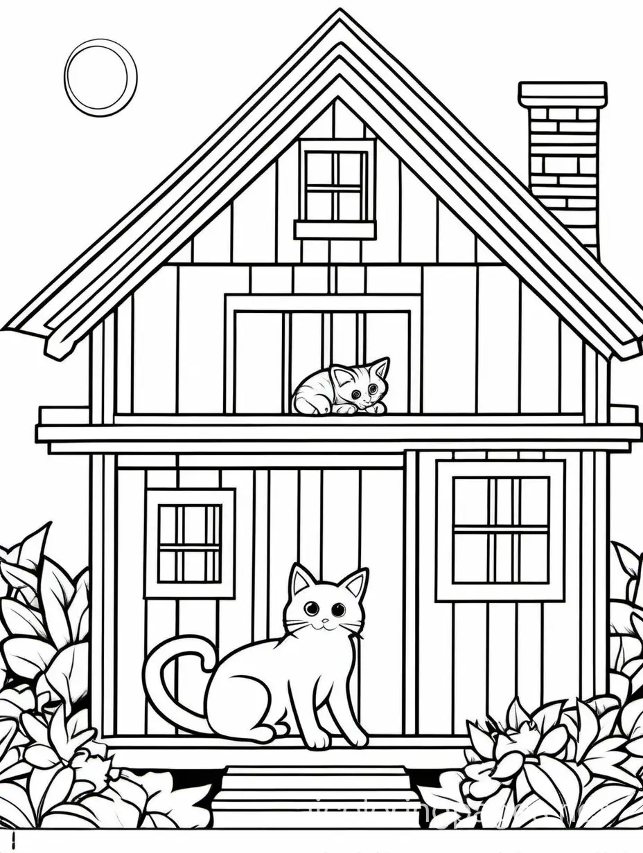 CAT IN HOUSE, Coloring Page, black and white, line art, white background, Simplicity, Ample White Space. The background of the coloring page is plain white to make it easy for young children to color within the lines. The outlines of all the subjects are easy to distinguish, making it simple for kids to color without too much difficulty