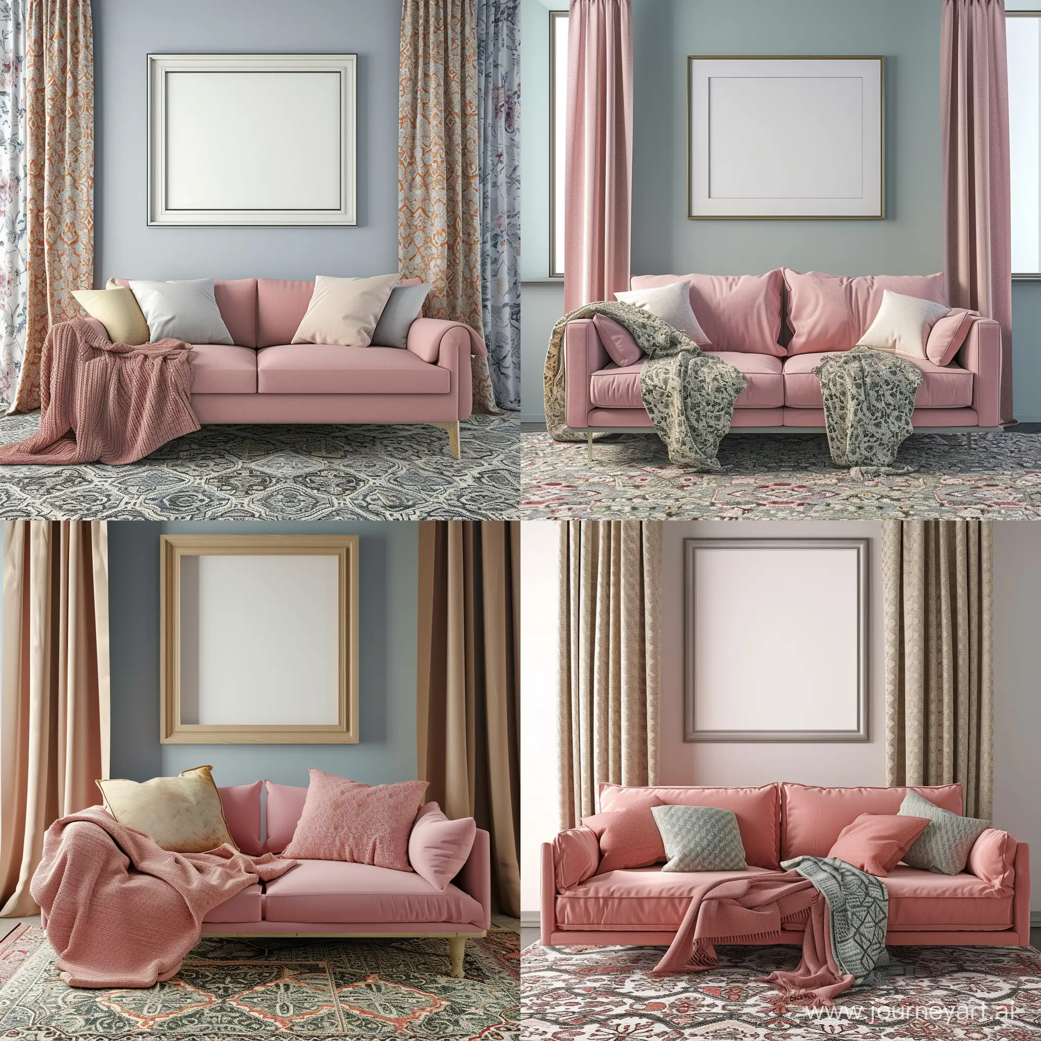 Pink sofa with two blankets and pillows standing in interior sitting room with window with curtains, patterned carpet and empty frame on the wall