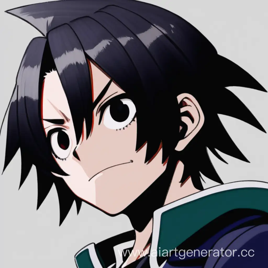 Teenager, 185 cm height, black, straight up "picky" hair, black eyes, drawn as anime "My hero academia"