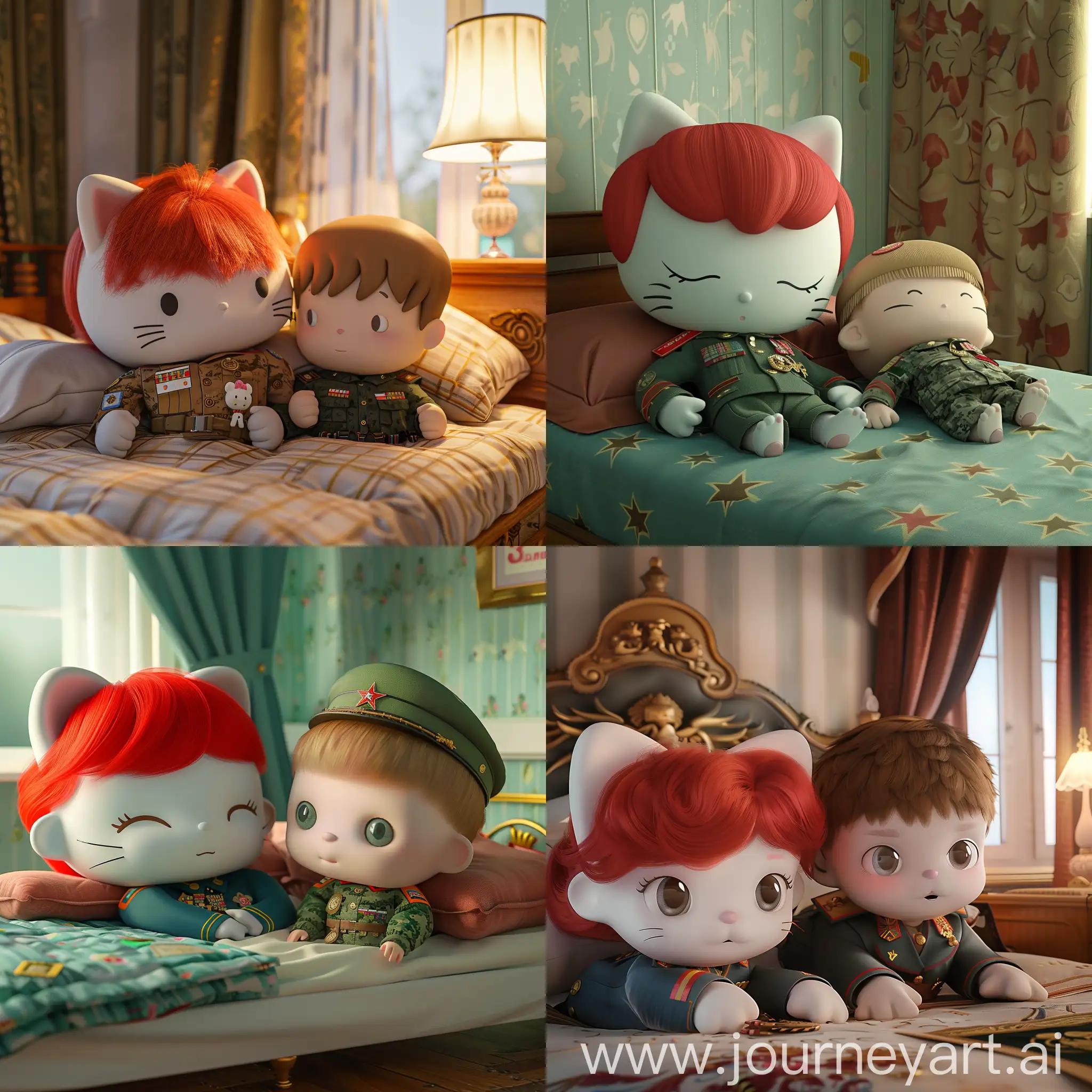 3д hello kitty с рыжими волосами, которая лежит на кровати с мальчиком hello kitty, мальчик hello kitty с короткой стрижкой и в военной форме ВСРФ