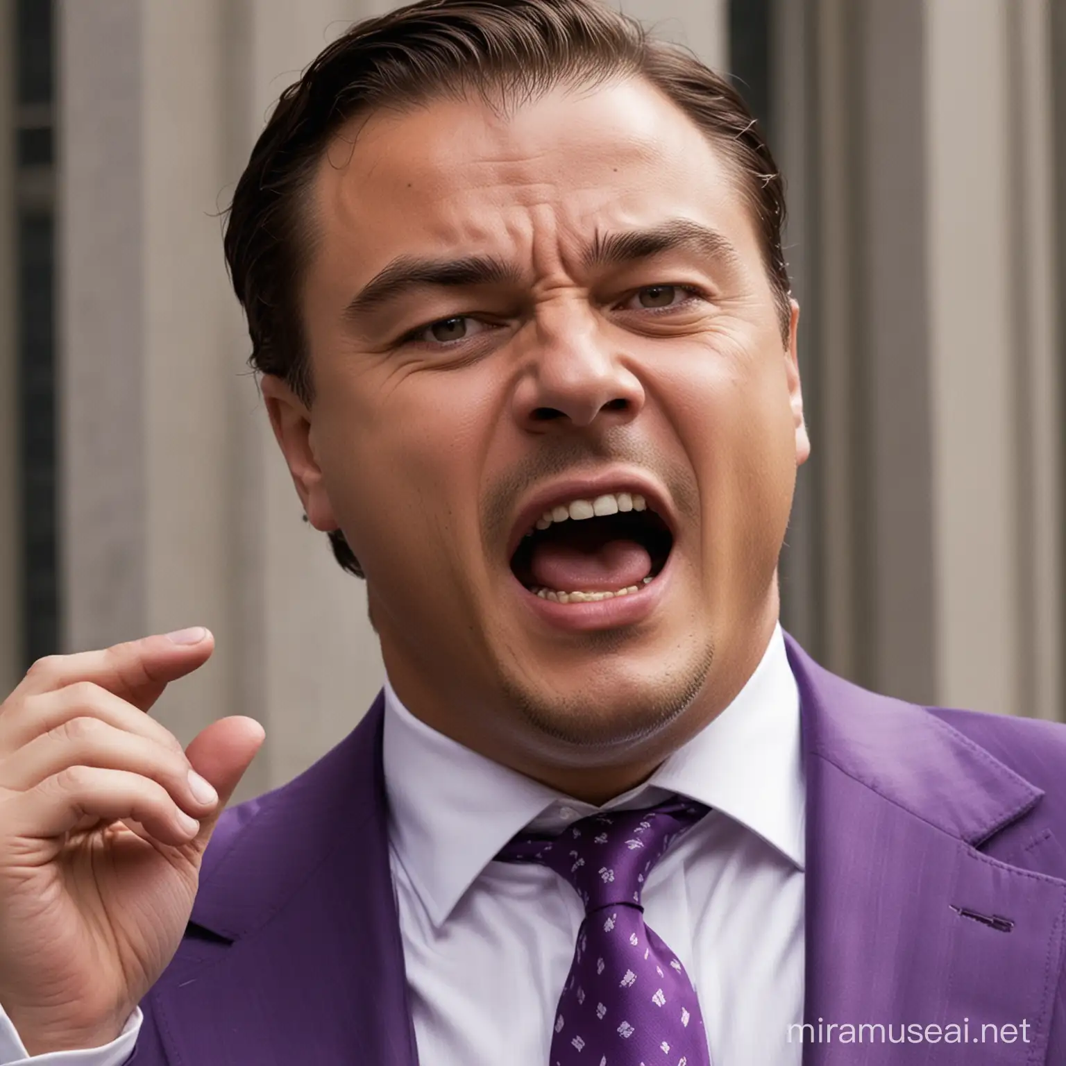 Leonardo DiCaprio as the Wolf of Wall Street Screaming in a Sales Pitch