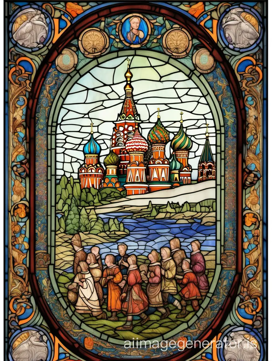 russian feast, bilibin style, stained glass, gentle calm colors