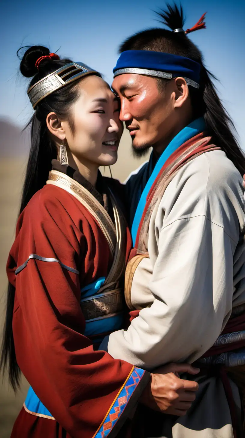 Ancient Mongolian woman and man embracing each other