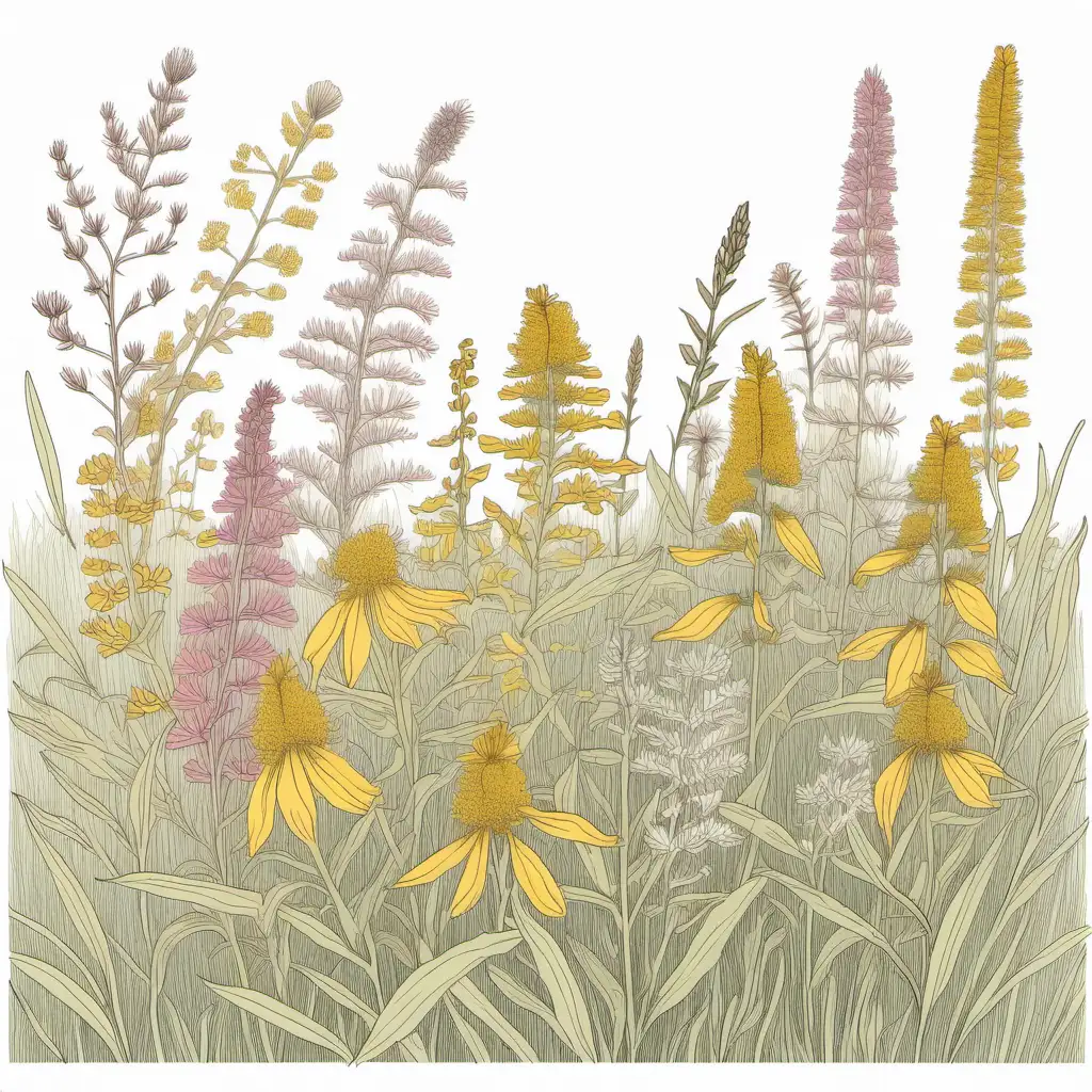simple line drawing of a field of wildflowers featuring echinicea and goldenrod colored in with colored pencil


