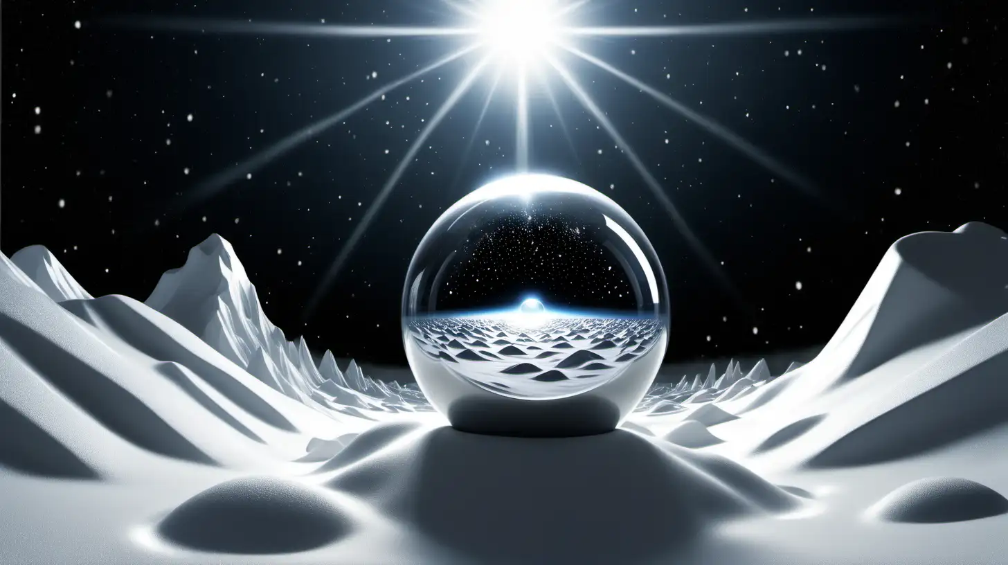 winterscape, snowy, in outerspace, no trees, with a digital silver orb floating in the foreground with beams of light emitting from it