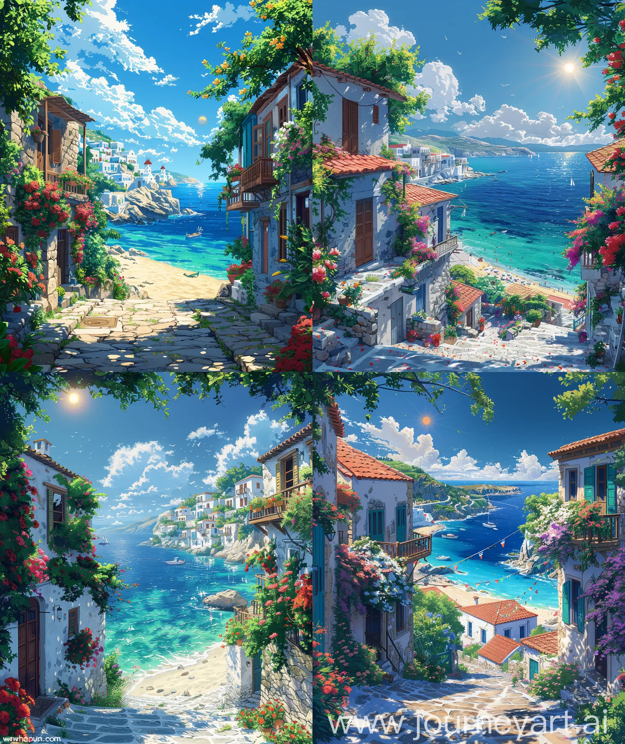 Beautiful anime scenary, illustration, verious beautiful view of Zakynthos , Mykonos view, street, flowers, crystal clear water,sand, mesmerizing view, sun in horizon of sky, beautiful vibrant look, summer day's, ultra hd, High quality resolution,anime illustration scenery, no blurry image, no hyperrealistic --ar 27:32 --s 600
