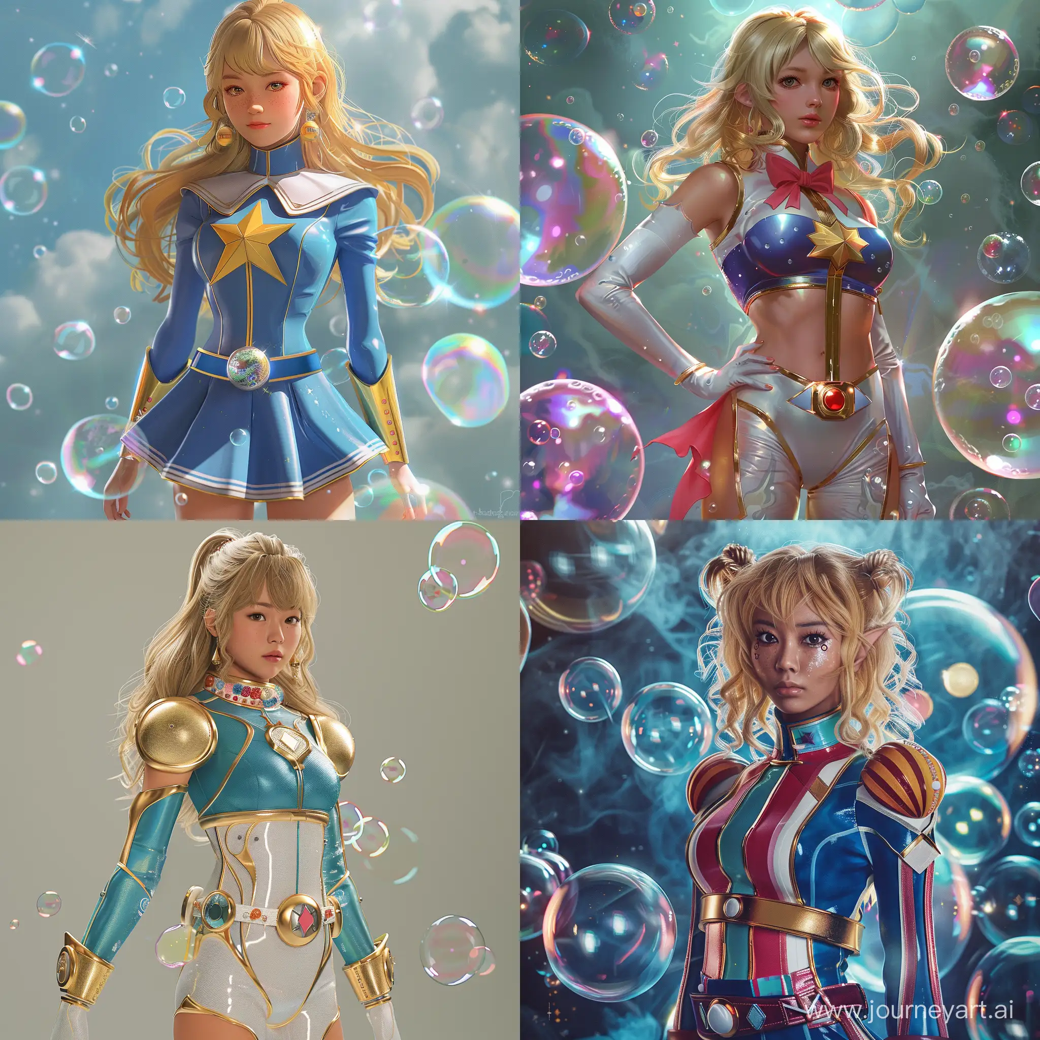 A Superhero girl themed around bubbles with inspiration from Super Sentai and Magical girl uniforms. Photo-realistic. Tanned skin and blonde hair.