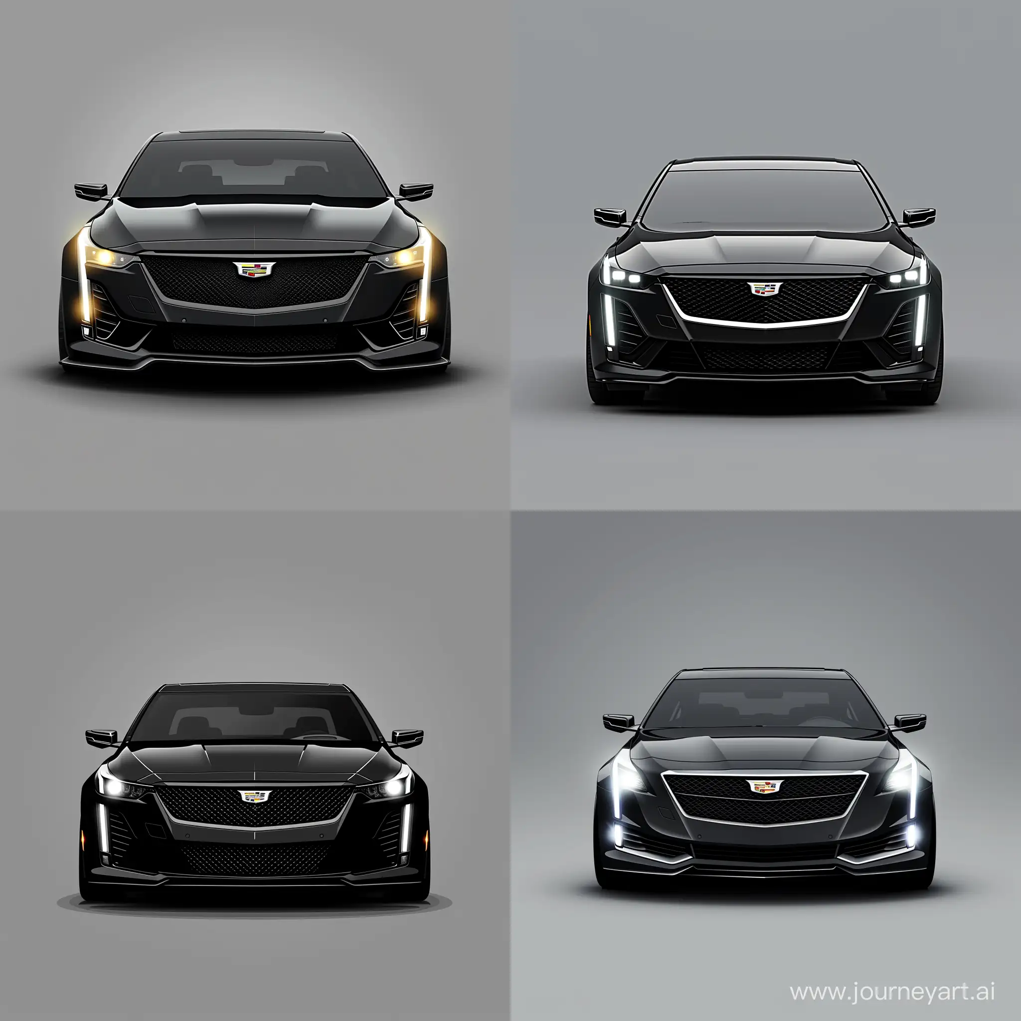 Minimalism 2D 2/3 Car Front View Illustration of: Black Cadillac CT5, Simple Gray Background, Car LED on, Adobe Illustrator Software, High Precision