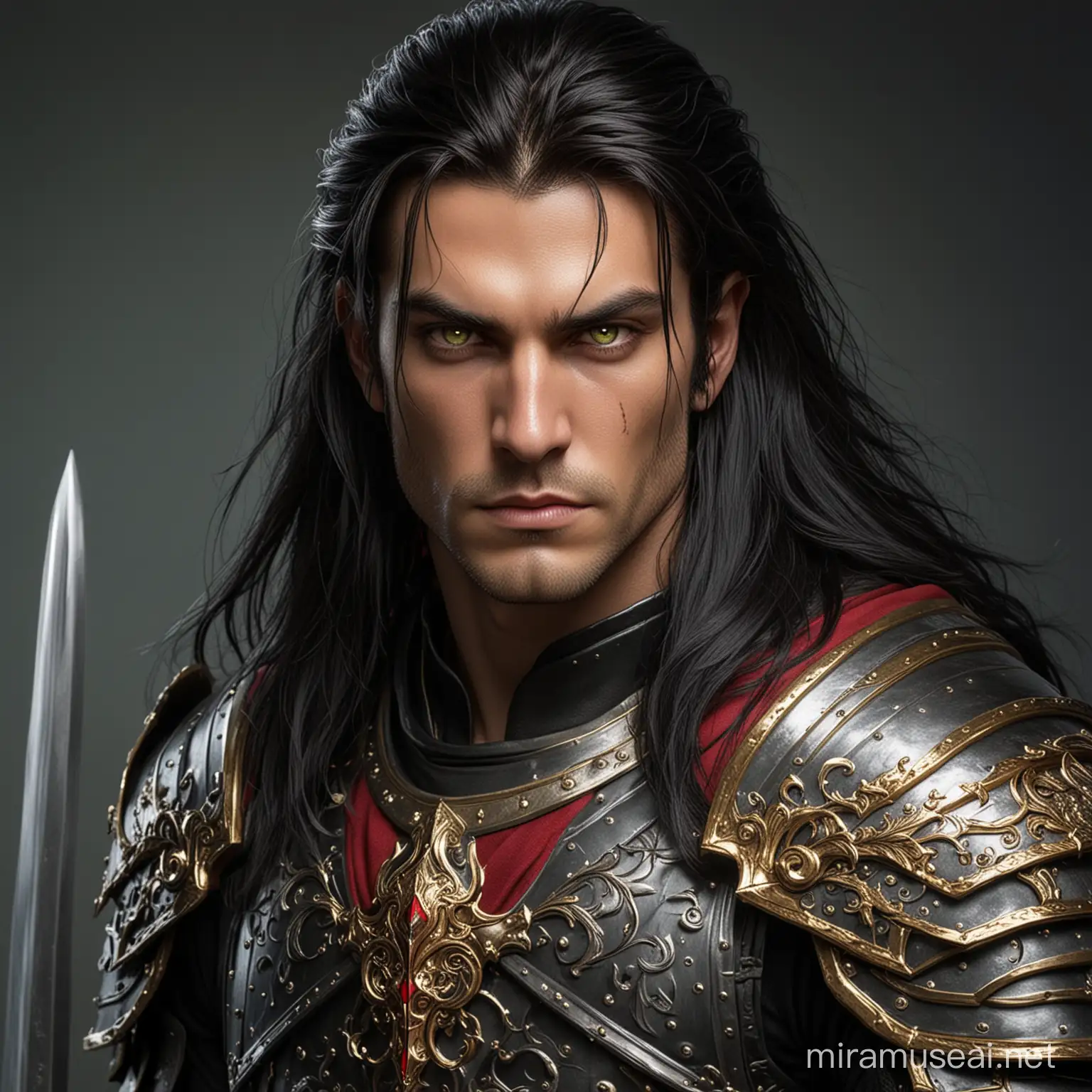 Fantasy warrior king, tall male human, sword fighter with green eyes, long black hair, wearing black armor with red and gold trimming