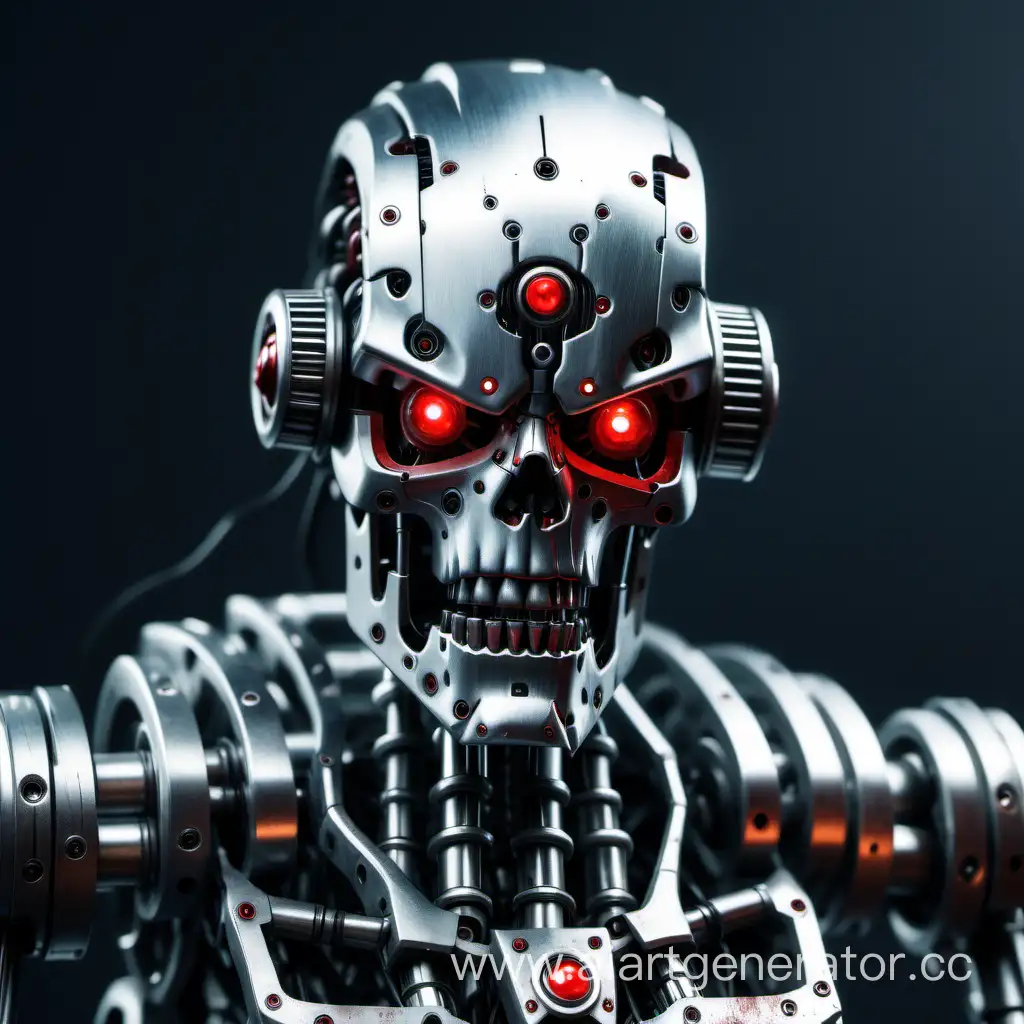 Angry robot, endoskeleton, metal skull, reg eyes