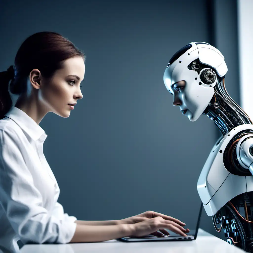 Woman Collaborating with AI Robot for Innovative Solutions