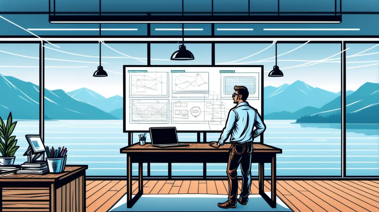 software engineer standing in front of whiteboard with wire frames, in office, development tasks, wooden desk, laptop, javascript, window overlooking great lake, vector line style