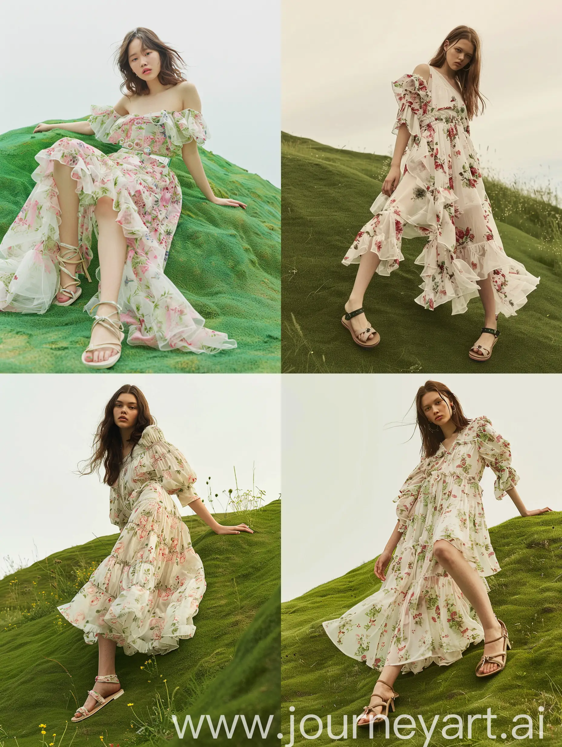 Romantic-Woman-in-Floral-Dress-Poses-on-Green-Hill