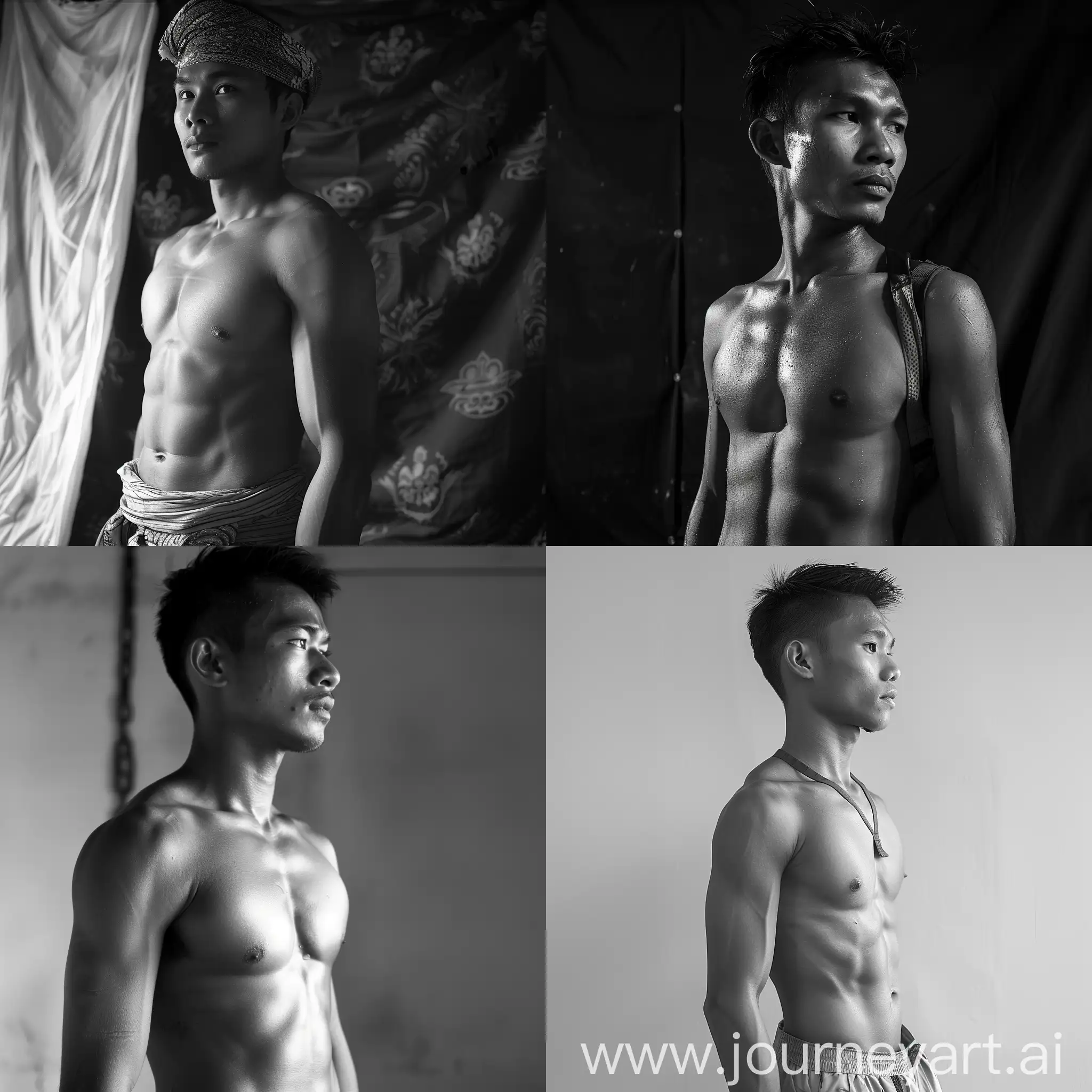 A slim and shirtless Malay man,